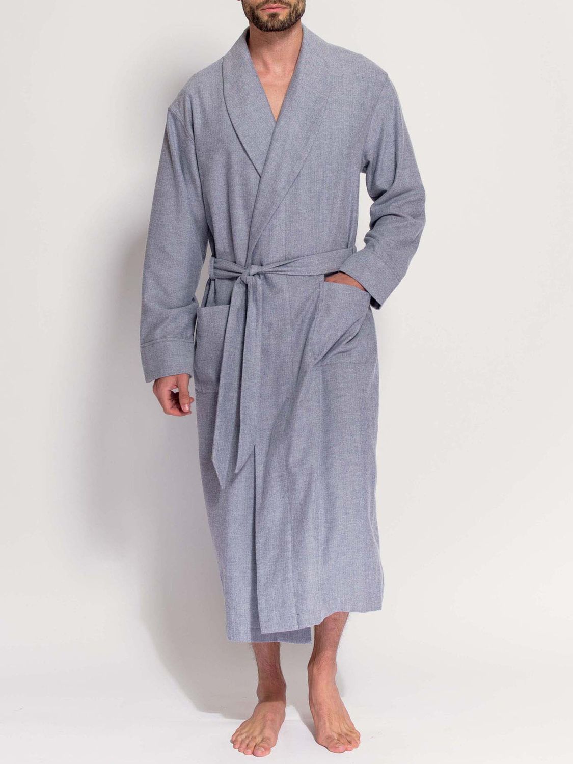 British Boxers Herringbone Brushed Cotton Dressing Gown, Ash Grey at ...