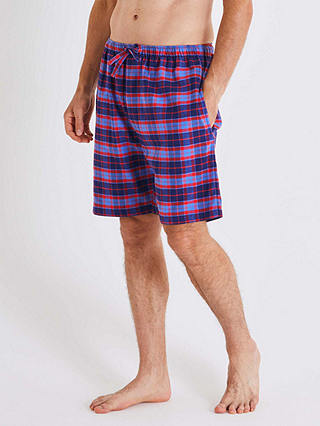 British Boxers Tartan Print Brushed Cotton Pyjama Shorts, Blue/Red 