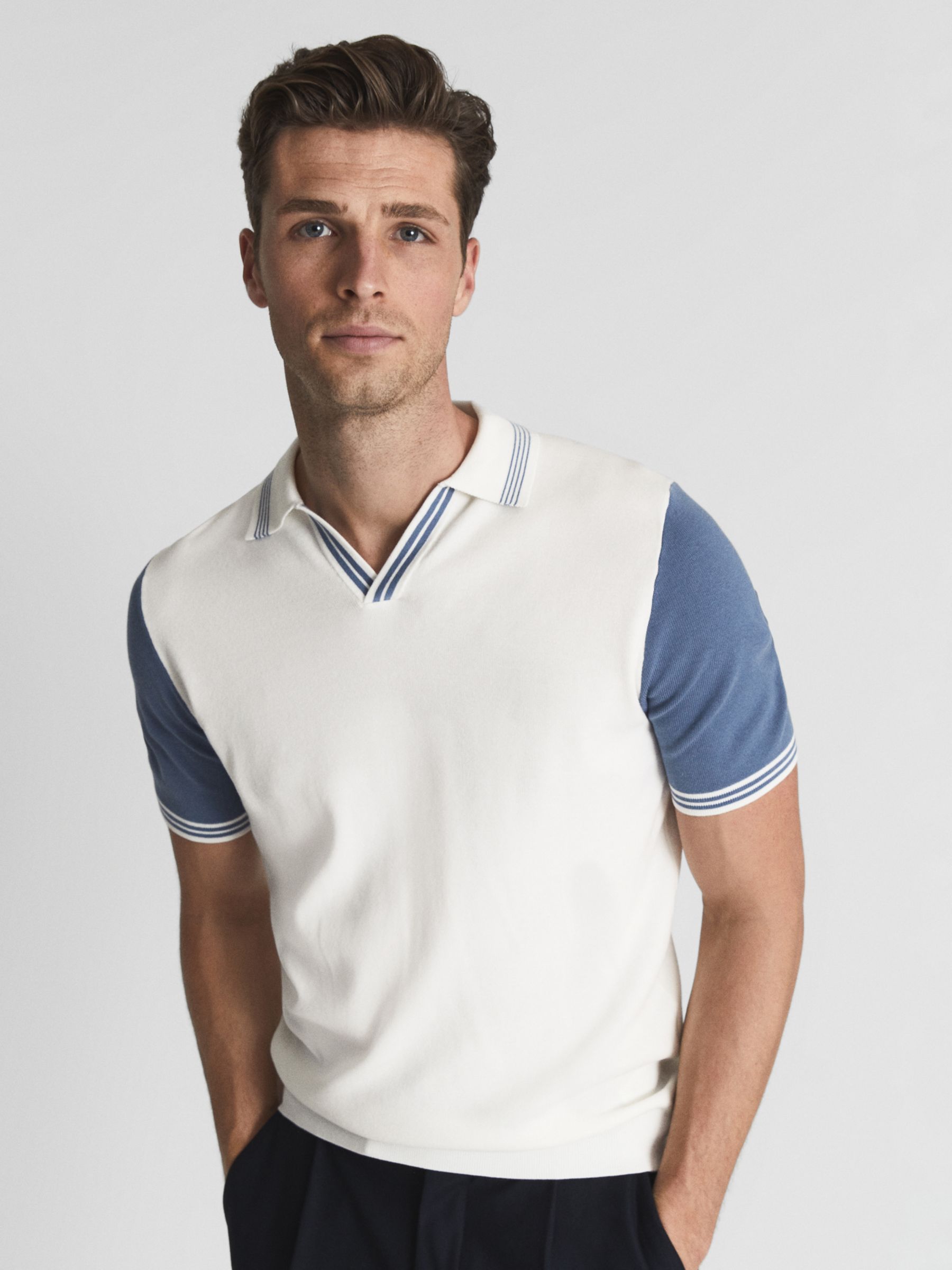 Reiss Shark Tipped Open Collar Polo Top, White/Blue at John Lewis ...
