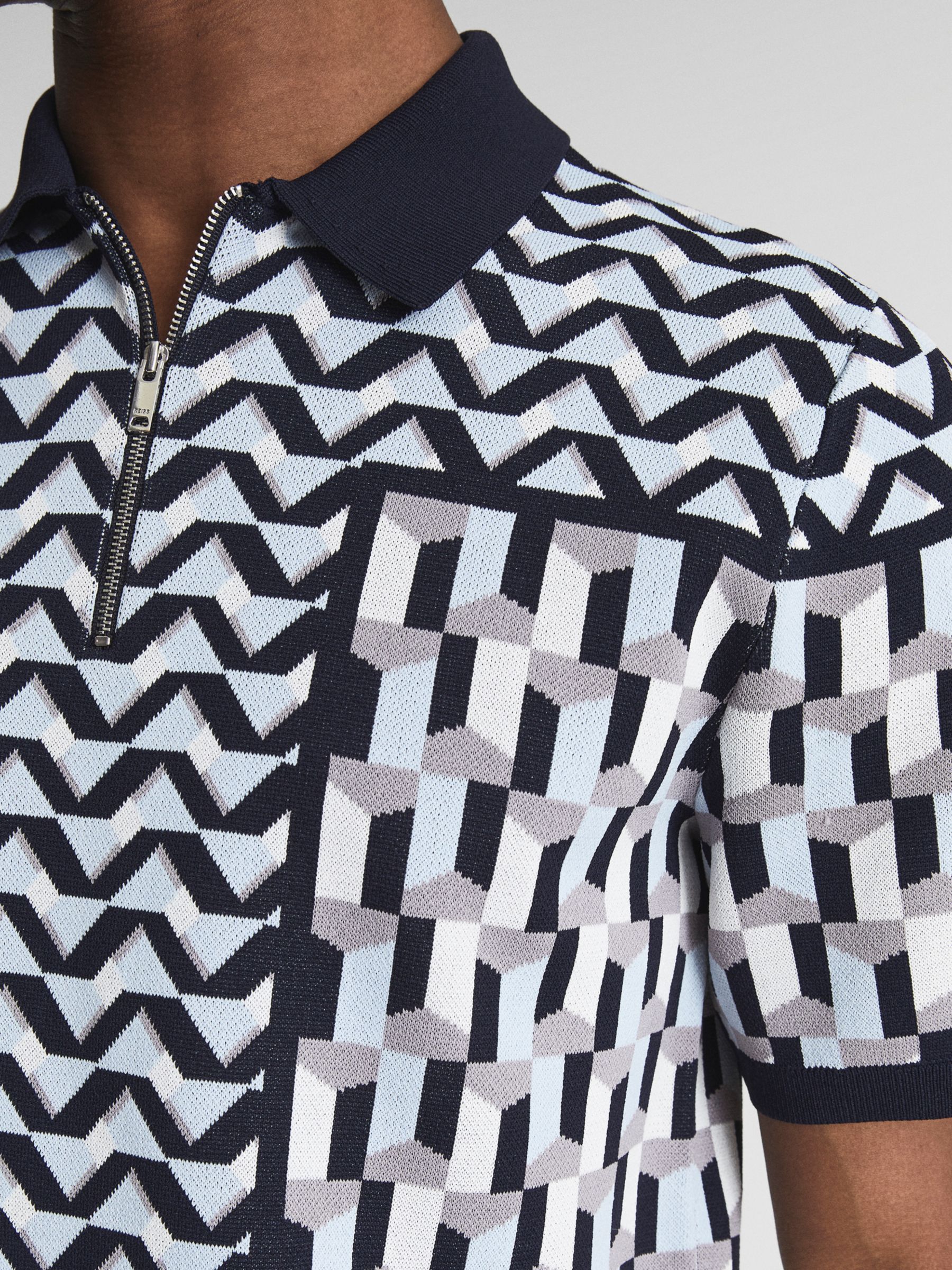 Reiss Egon Geometric Zip Neck Polo Shirt, Blue at John Lewis & Partners