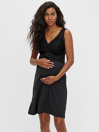 Mamalicious Sofie Lace Cross Neck Maternity Nightdress, Black, S
