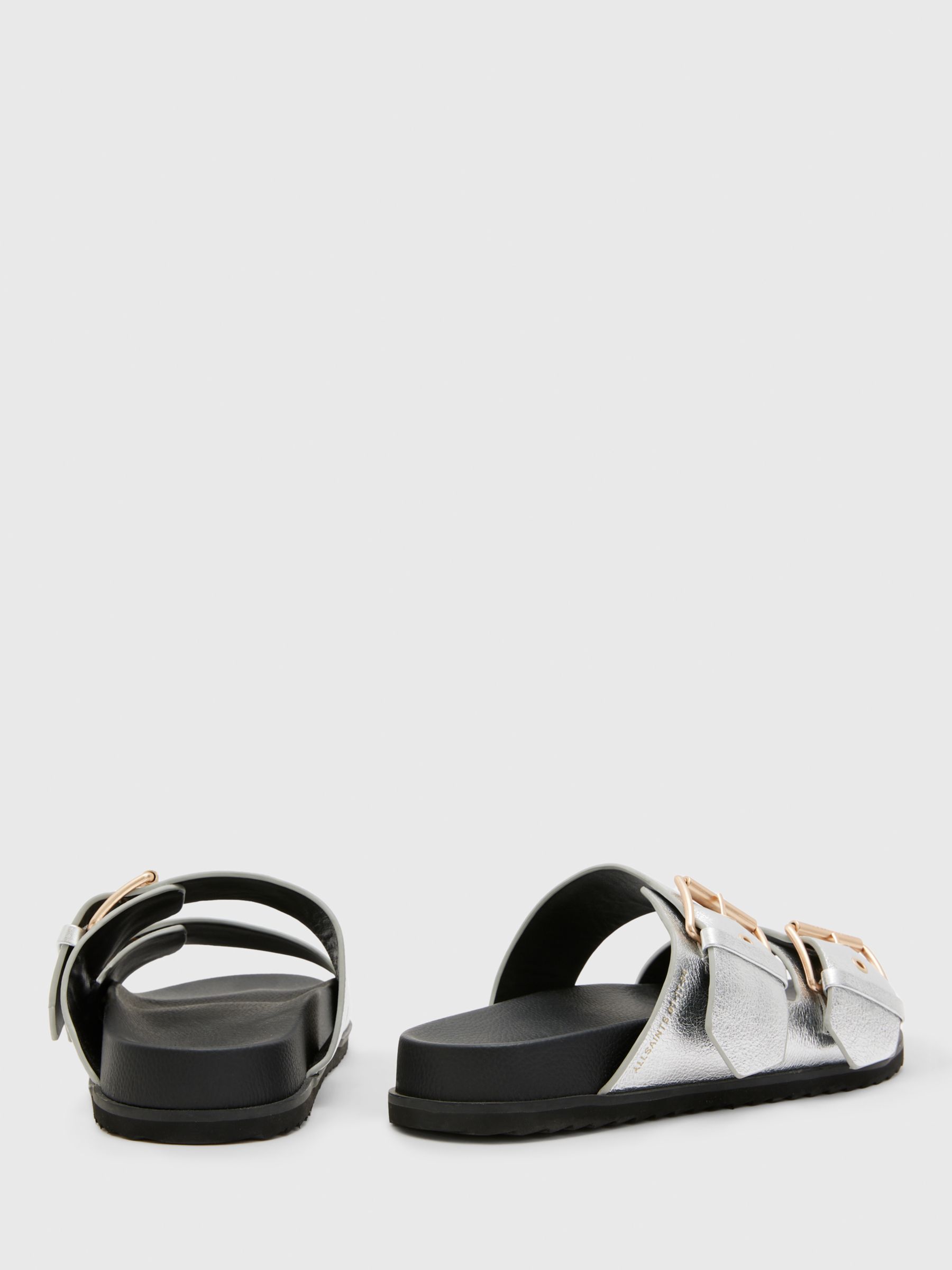 AllSaints Sian Leather Buckle Metallic Sandals, Silver at John Lewis ...