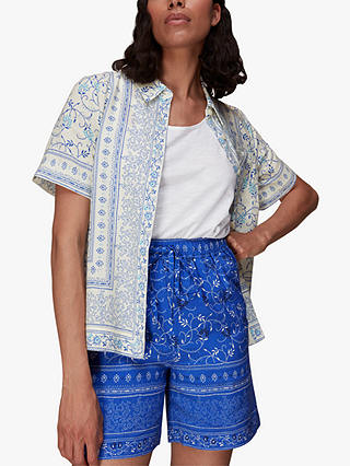Whistles Bandana Floral Print Organic Cotton Shorts, Bright Blue