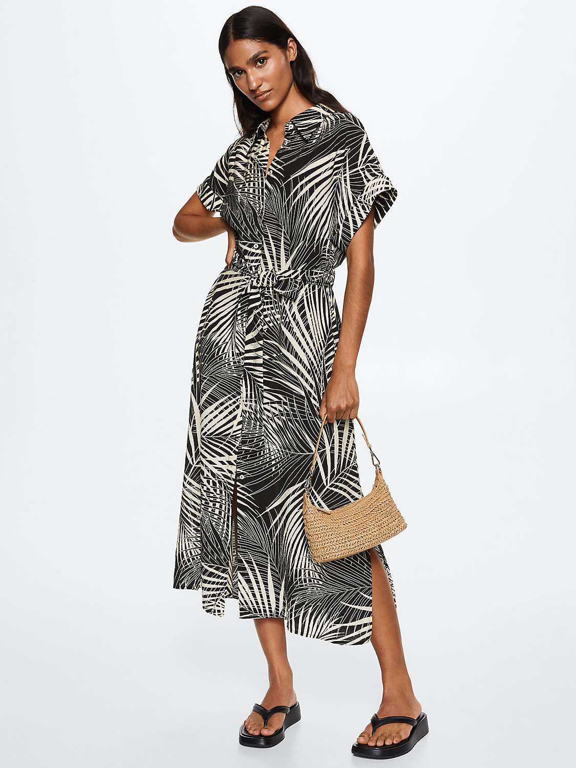 Mango Palm Print Shirt Midi Dress, Black at John Lewis & Partners