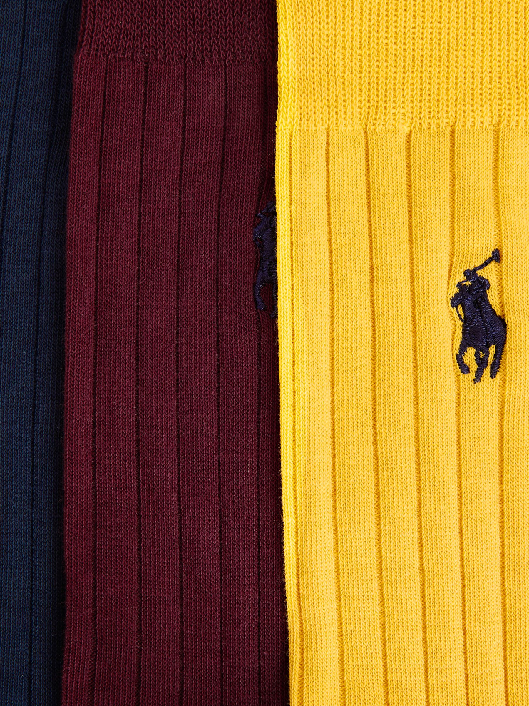 Polo Ralph Lauren Cotton Blend Trouser Socks, Pack of 3, Wine/Navy/Yellow  at John Lewis & Partners