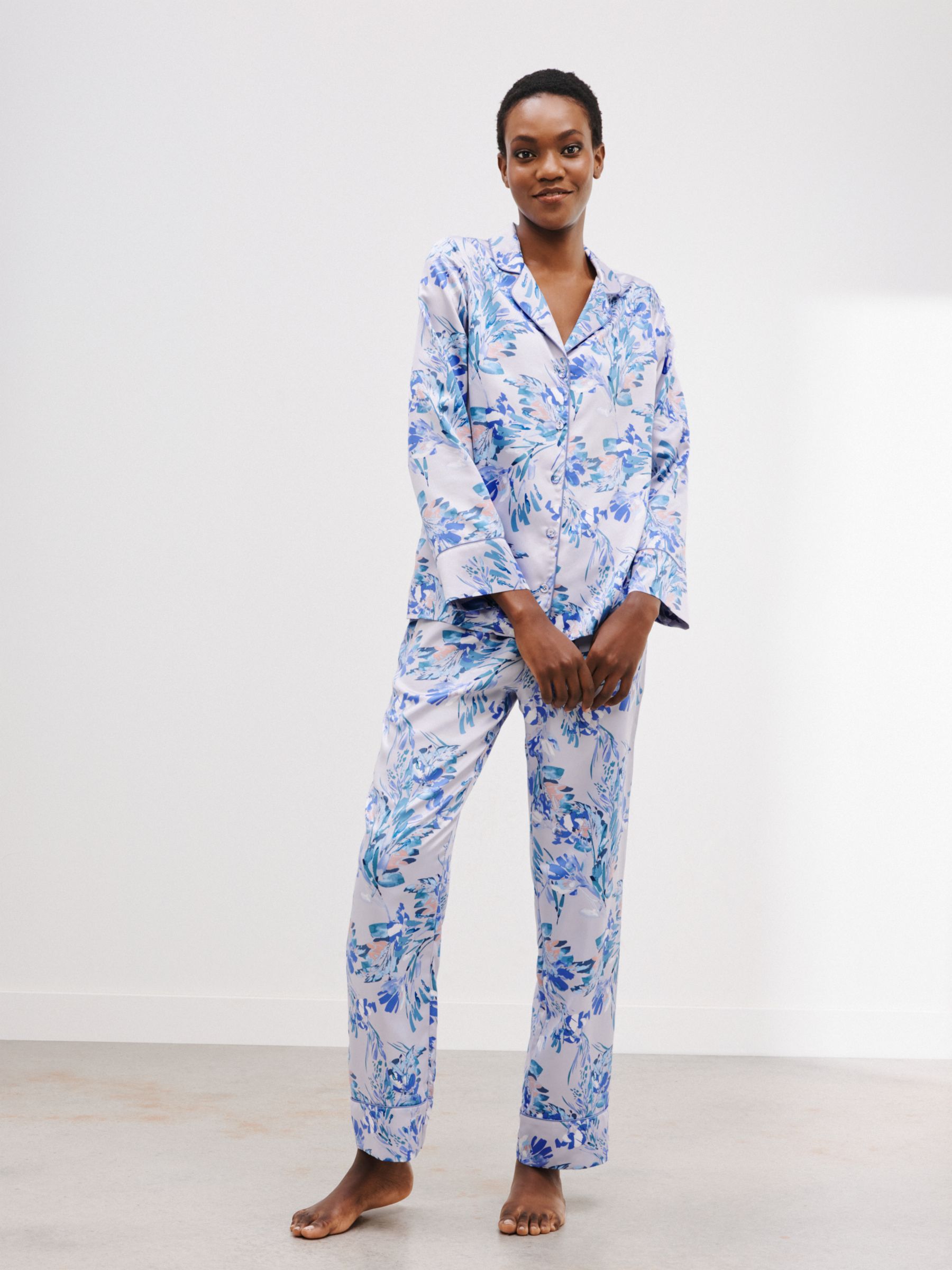 John Lewis Kaylie Floral Satin Shirt Pyjama Set, Blue, S