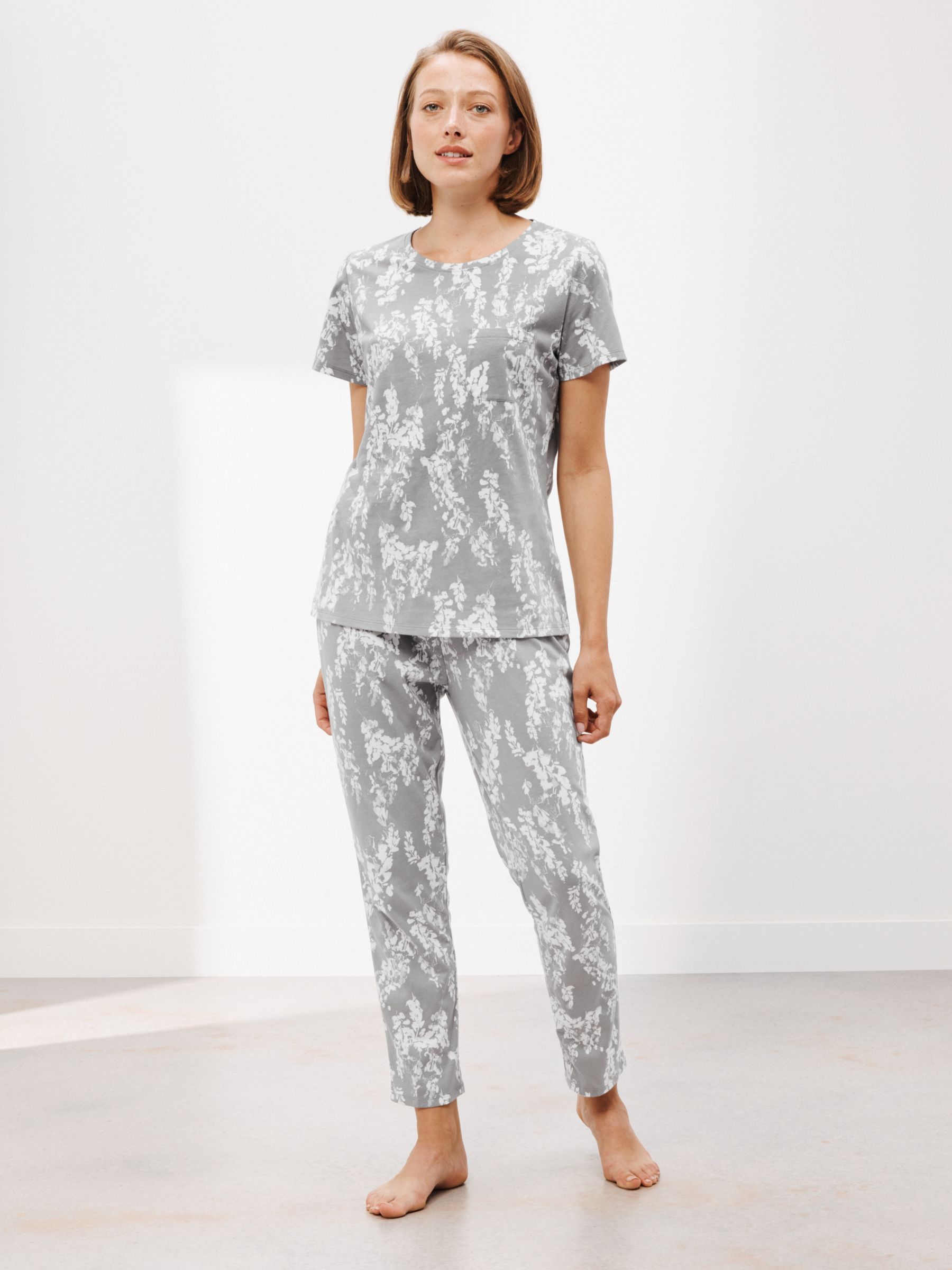 John Lewis Wisteria Print Short Sleeve Jersey Pyjama Set, Grey/White at ...