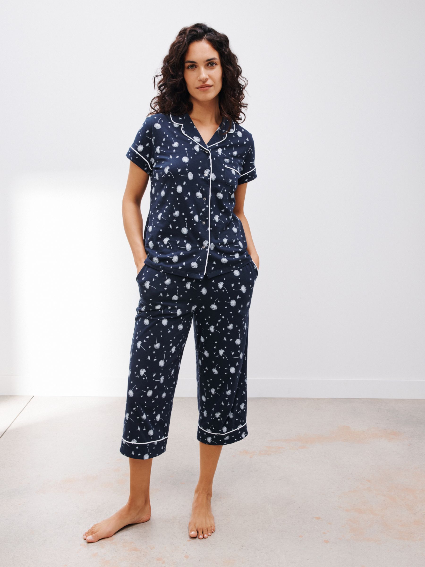 John Lewis Devon Dandelion Cropped Shirt Pyjama Set, Navy, 8