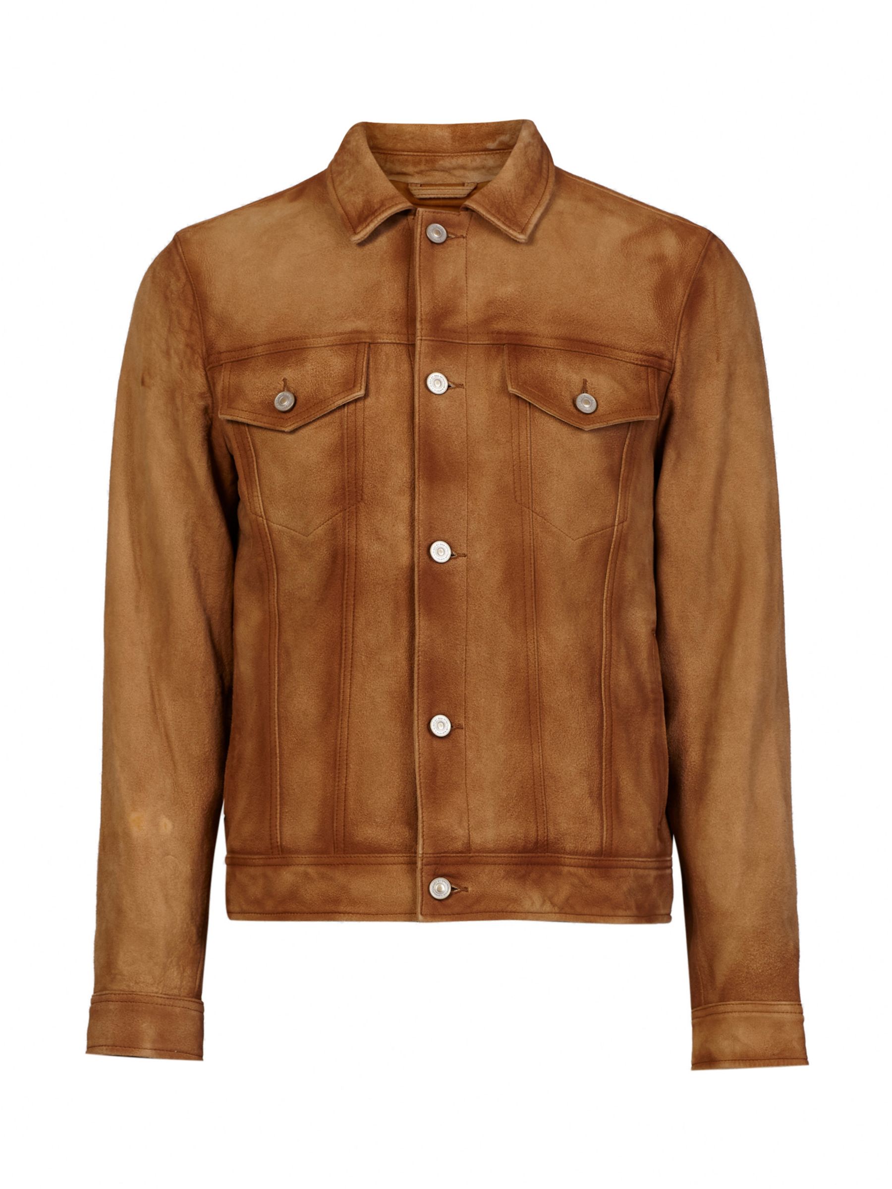 AllSaints Denton Leather Trucker Jacket, Havana Brown