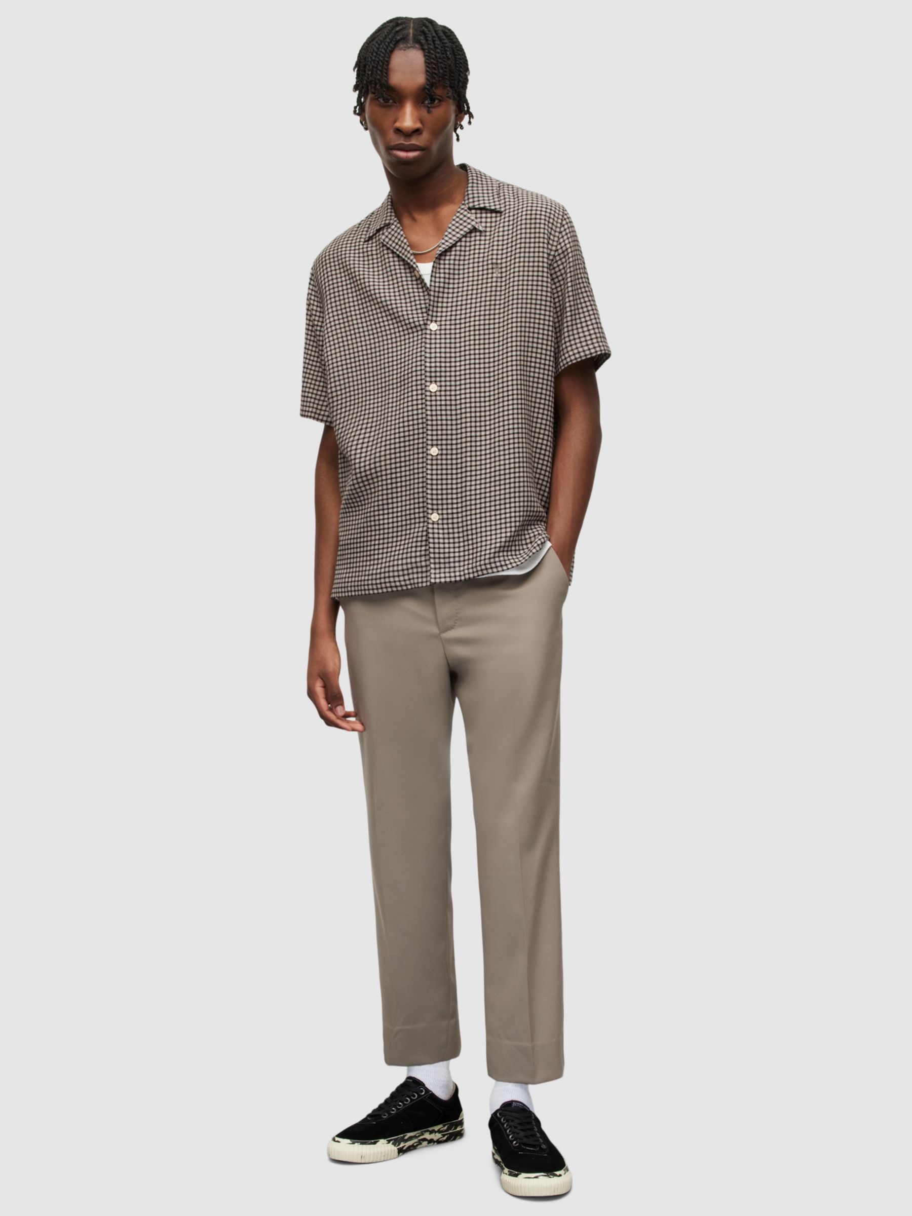 AllSaints Glendale Checked Short Sleeve Shirt, Pale Taupe, XS