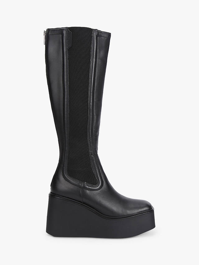 Kurt Geiger London Stately Leather Wedge Heel Knee High Boots, Black