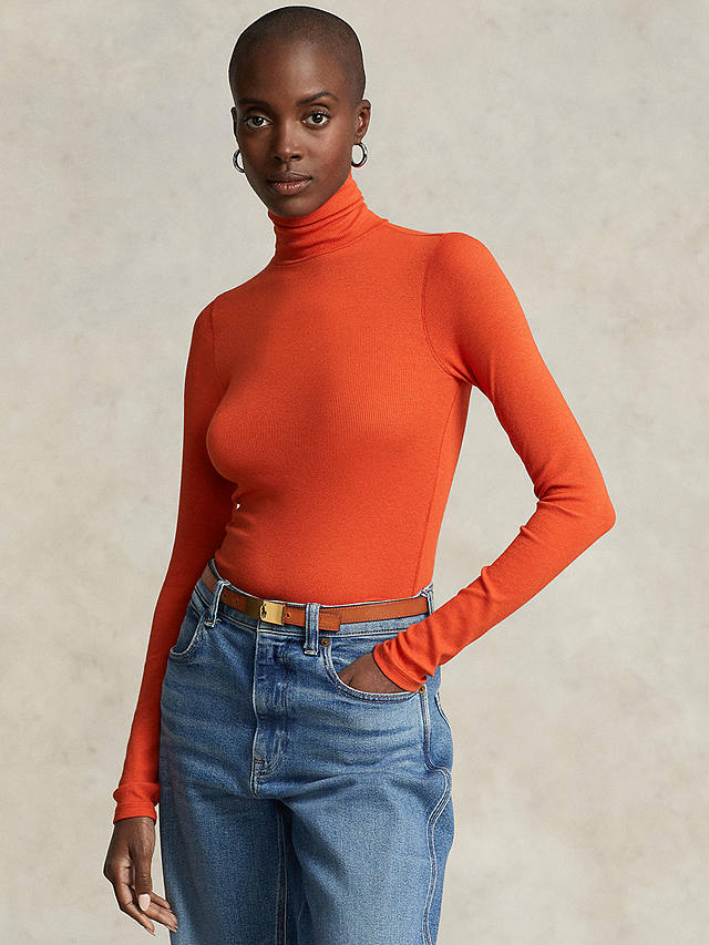 Polo Ralph Lauren Plain Slim Fit Turtleneck Knit Jumper, Orangey Red