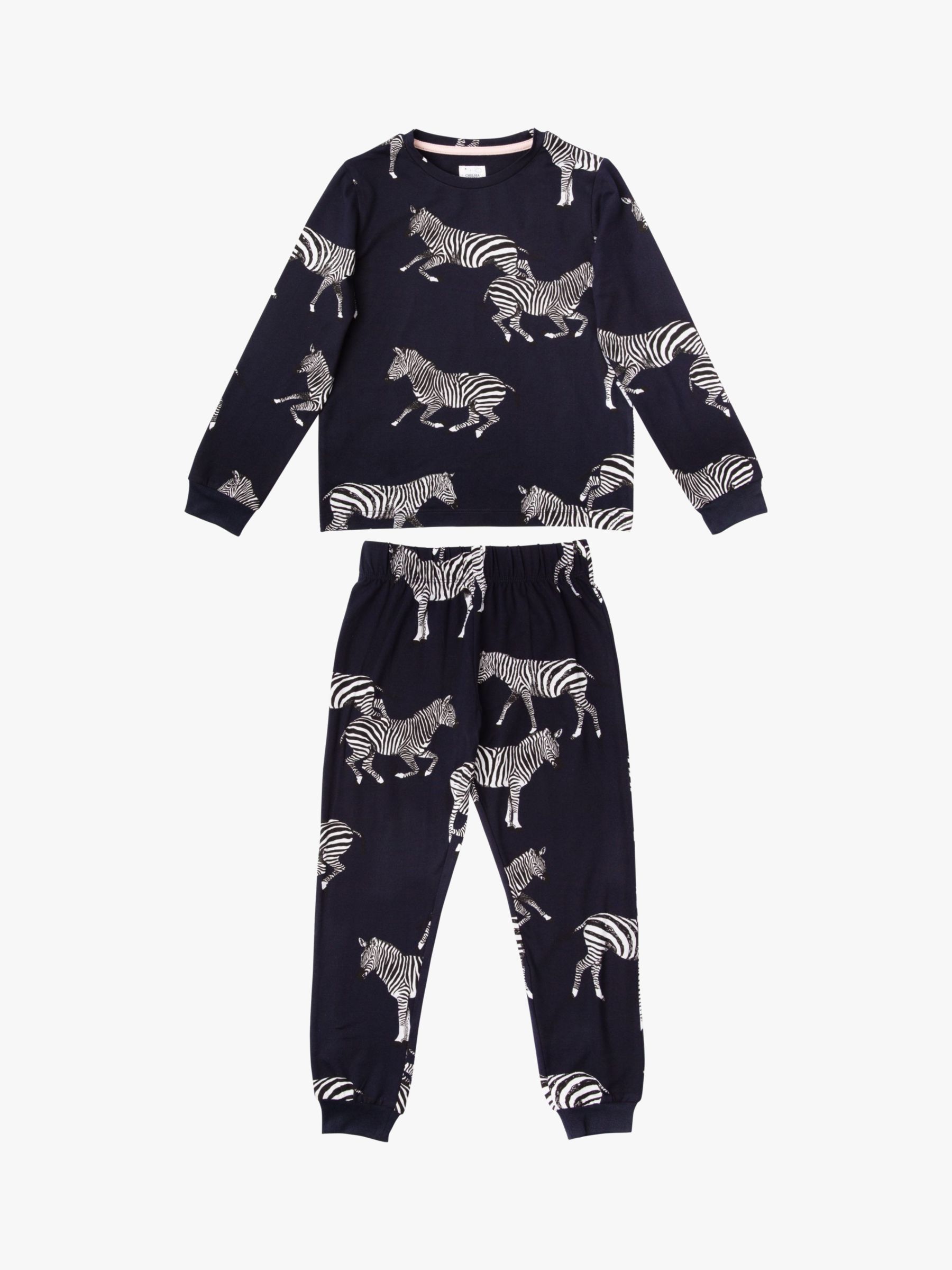 Chelsea Peers Kids' Zebra Classic Pyjama Set, Navy at John Lewis & Partners