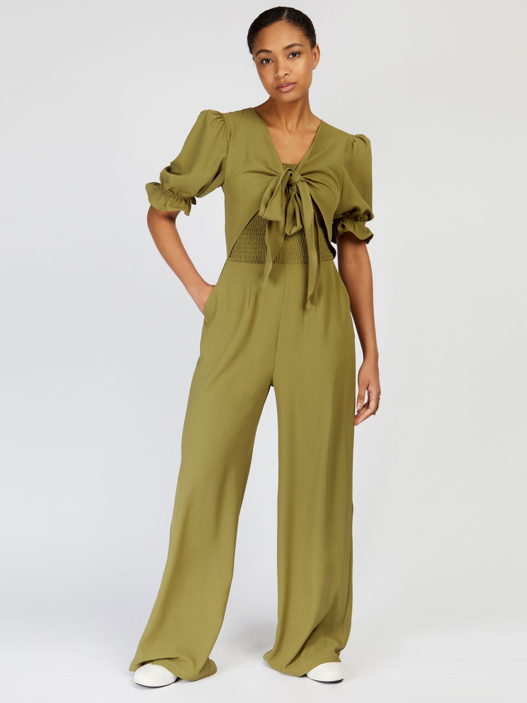 Somerset by Alice Temperley Tie Neck Wide Leg Jumpsuit, Olive Green, 8