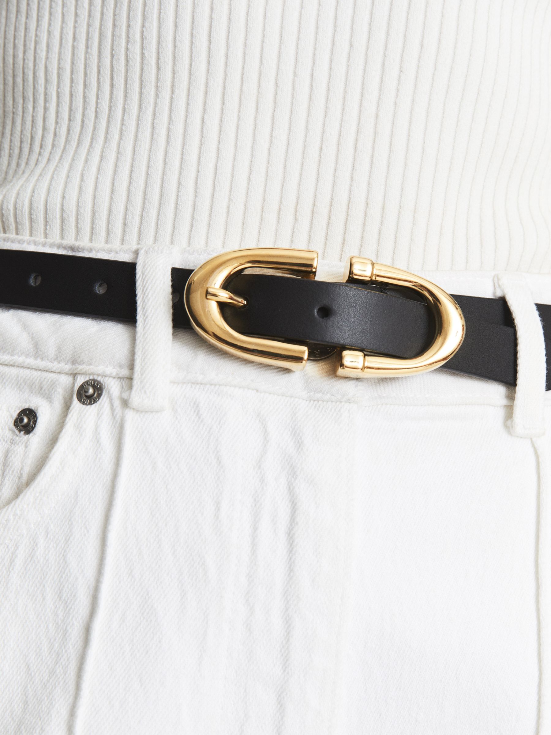 Reiss Bailey Skinny Leather Belt, Black at John Lewis & Partners