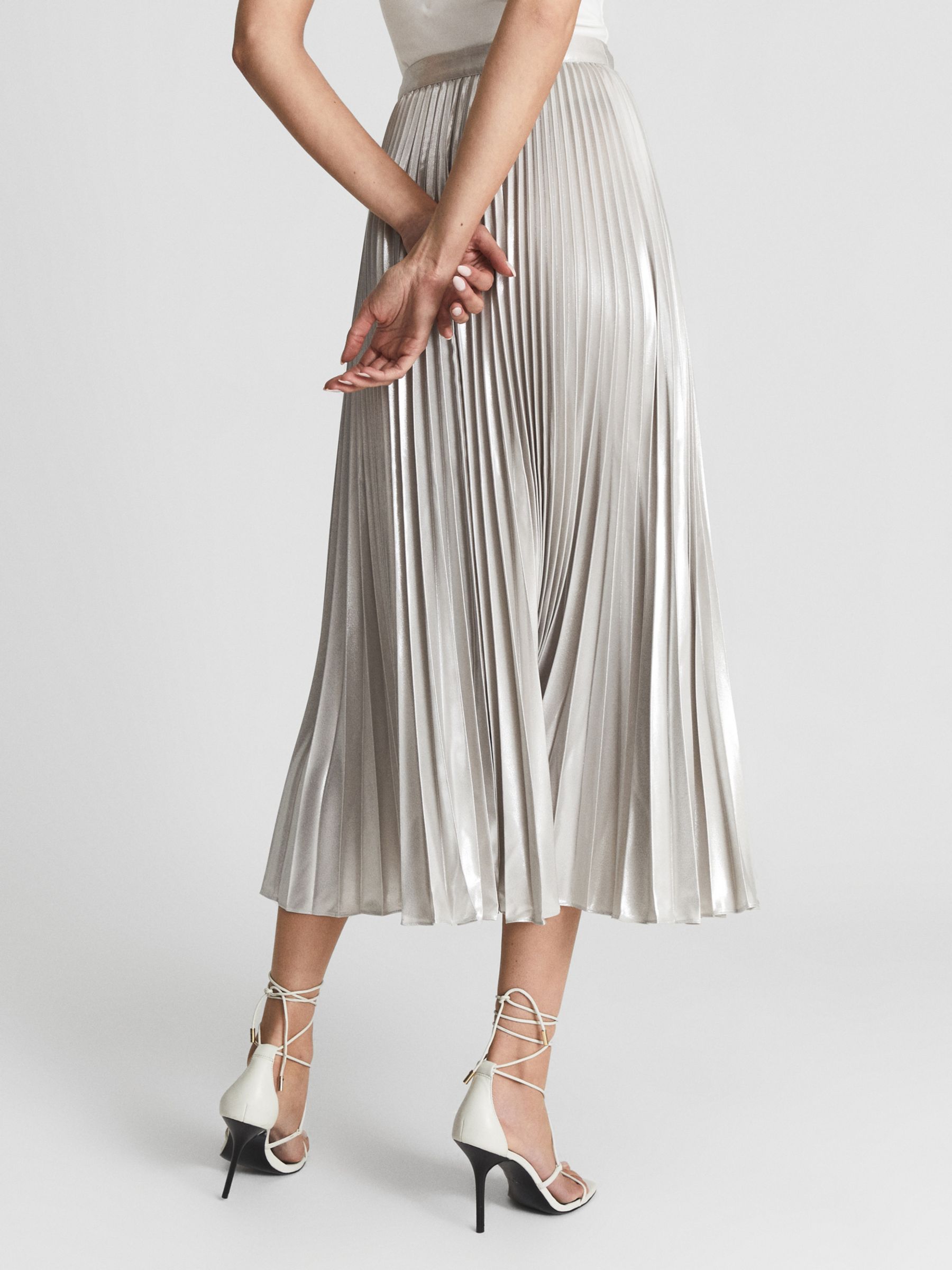 Reiss Elle Plisse Satin Midi Skirt, Silver at John Lewis & Partners