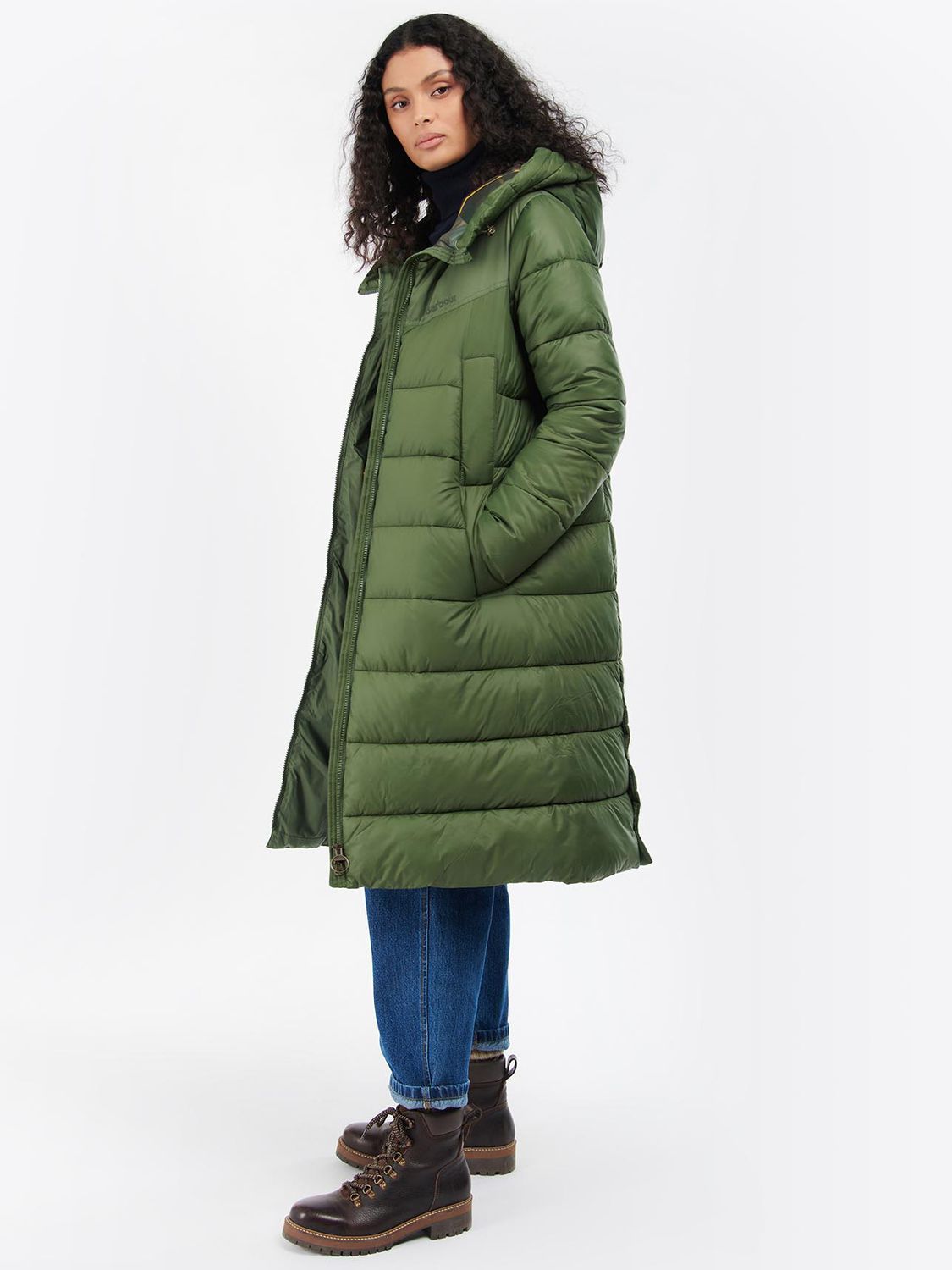 Barbour Buckton Quilted Longline Jacket, Moss Stone at John Lewis ...