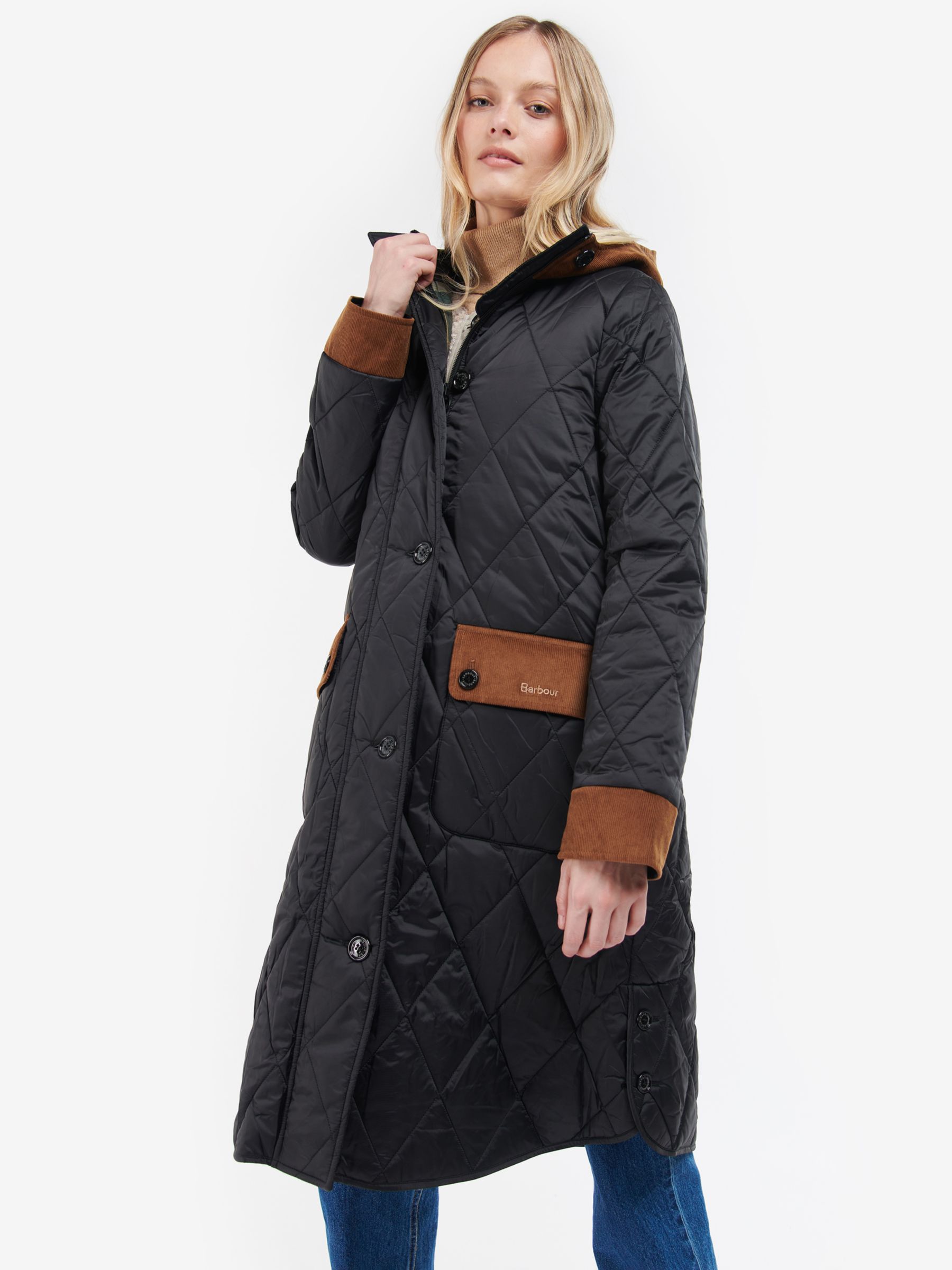 Barbour Mickley Long Quilted Coat, Black at John Lewis & Partners
