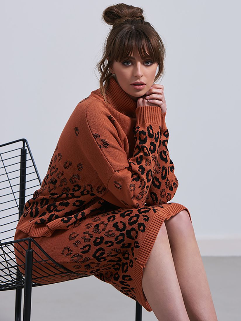 Little Mistress Leopard Knit Midi Skirt & Jumper Co-ord Set, Rust