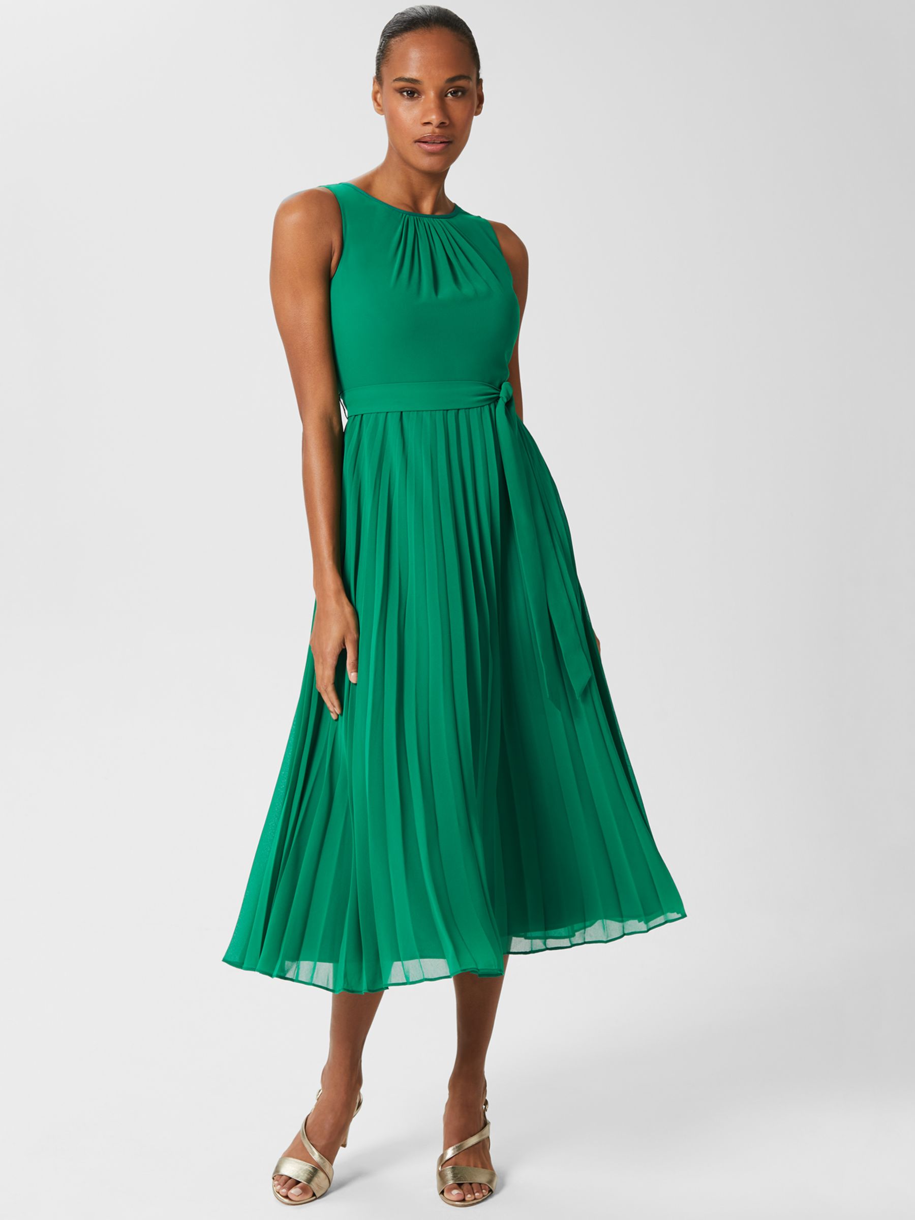 Hobbs Blythe Pleated Midi Dress, Green at John Lewis & Partners