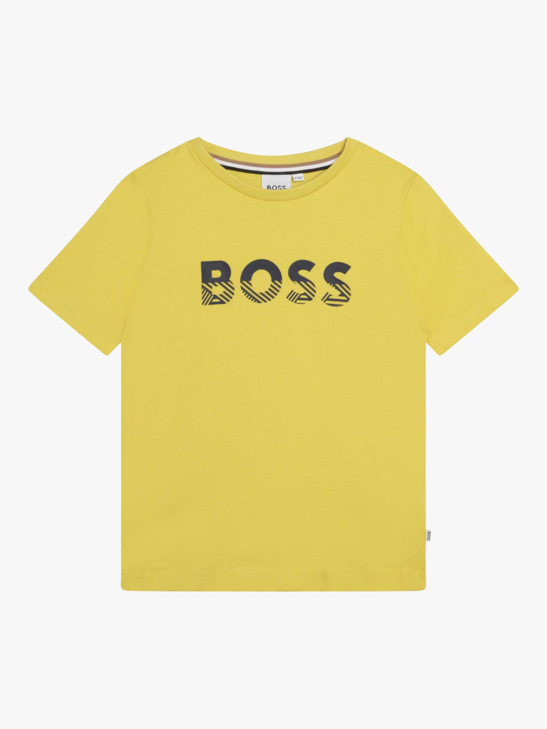HUGO BOSS Kids' Slim Fit Stripe Logo T-Shirt, Yellow at John Lewis ...