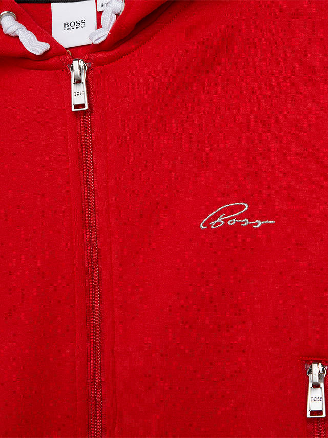 HUGO BOSS Kids' Embroidered Logo Hooded Cardigan, Red Crimson