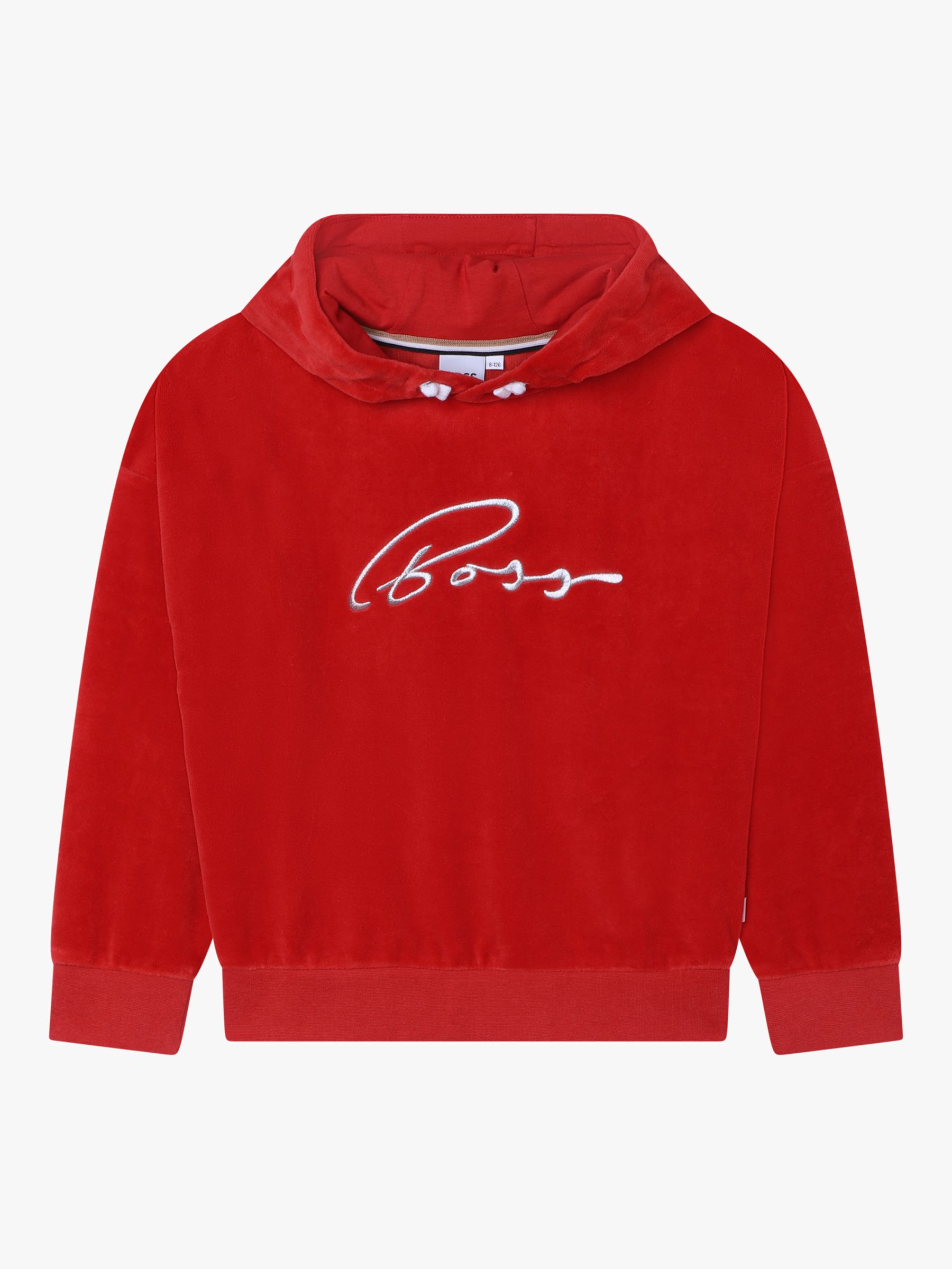 BOSS Kids' Embroidered Logo Velvet Hoodie, Red Crimson, 4 years
