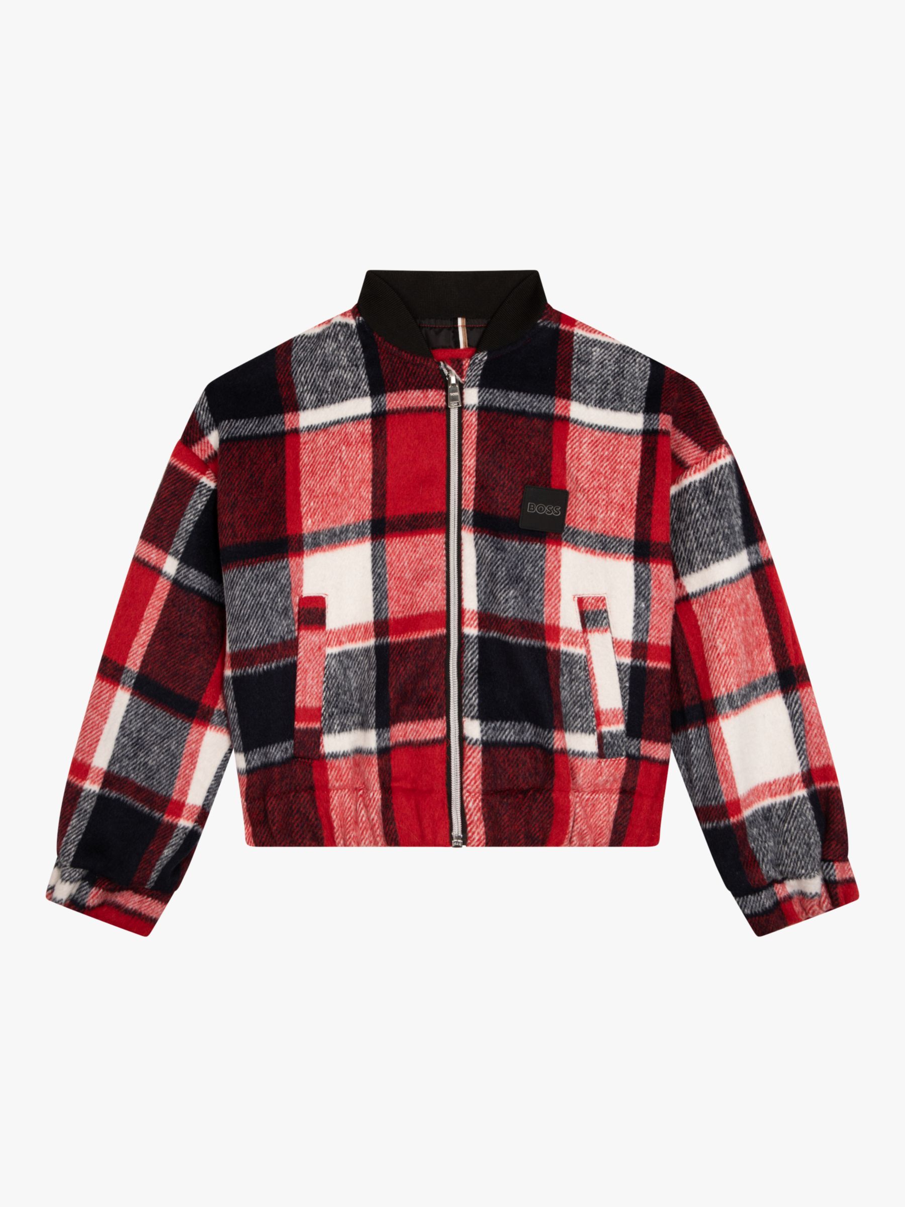 Buy HUGO BOSS Kids' Check Varsity Jacket, Red Crimson Online at johnlewis.com
