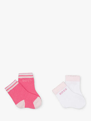 HUGO BOSS Baby Logo & Stripe Ankle Socks, Pack of 2, White/Pink