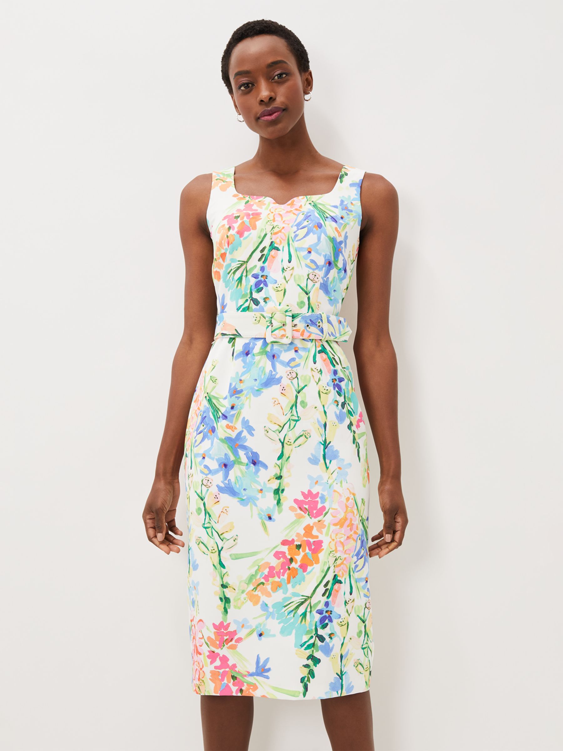 Phase Eight Serina Floral Belt Midi Dress, Ivory/Multi, 6