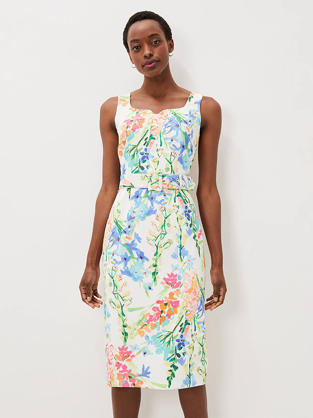 Phase Eight Serina Floral Belt Midi Dress, Ivory/Multi