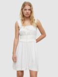 AllSaints Sofia Linen Blend Smocked Frill Mini Dress, Chalk White