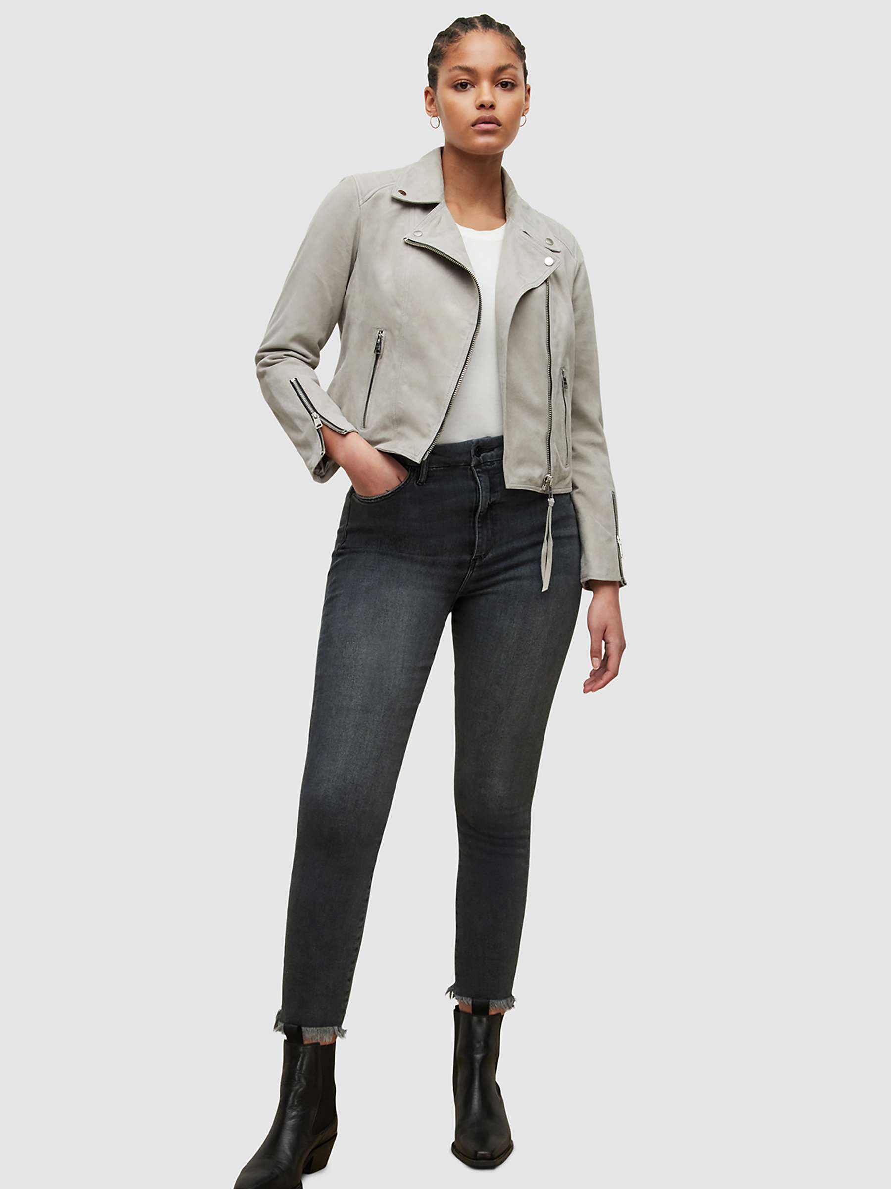 Grey AllSaints Womens Neve Suede Biker Jacket in Pale Grey Womens Clothing Jackets Leather jackets 