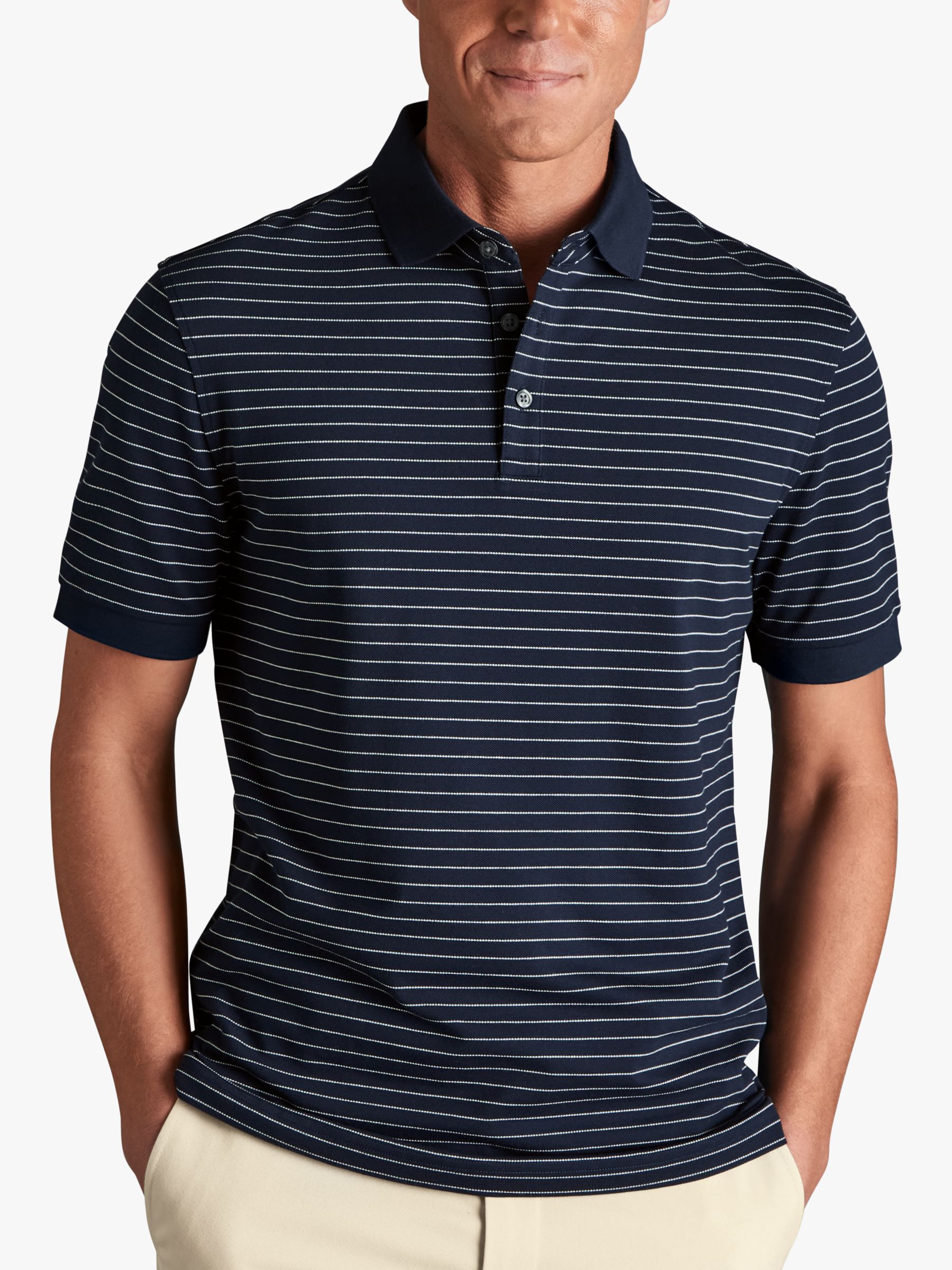 Charles Tyrwhitt Stripe Pique Polo Shirt, Navy & White Pin Stripe at ...