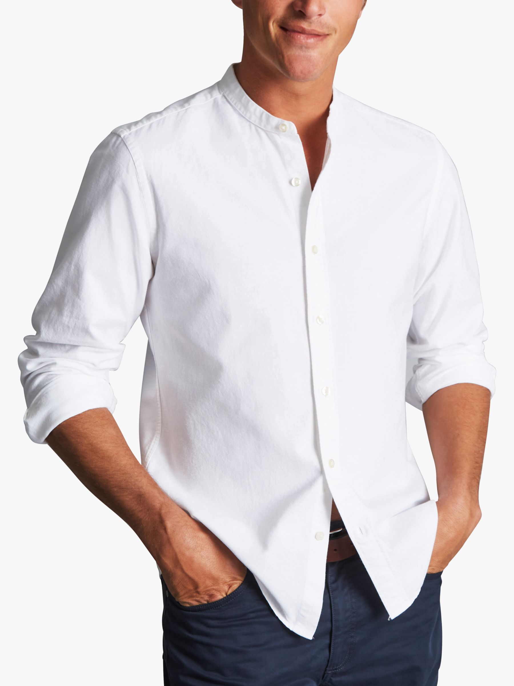 Charles Tyrwhitt Cotton Linen Blend Collarless Slim Fit Shirt, White, S