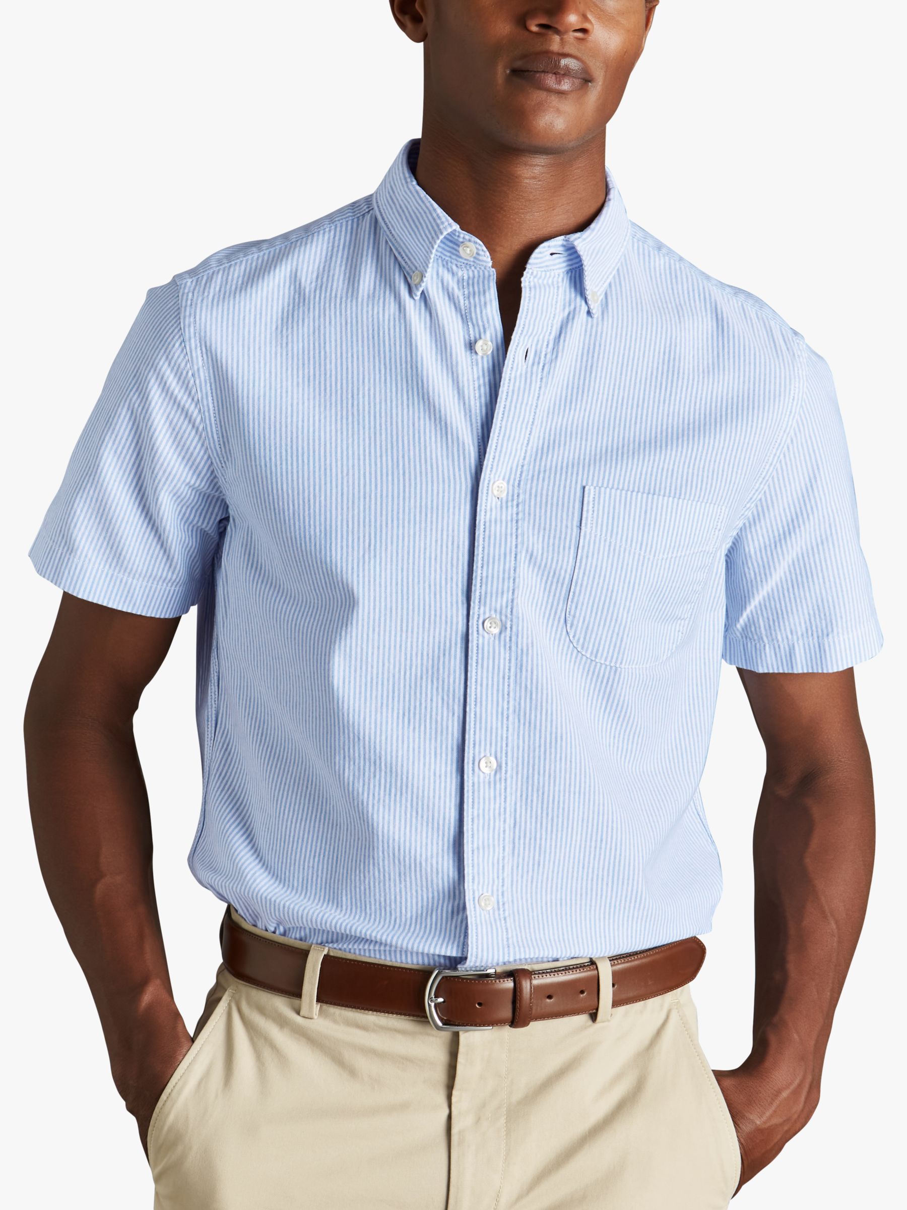 Charles Tyrwhitt Stripe Short Sleeve Washed Oxford Shirt, Ocean Blue, M