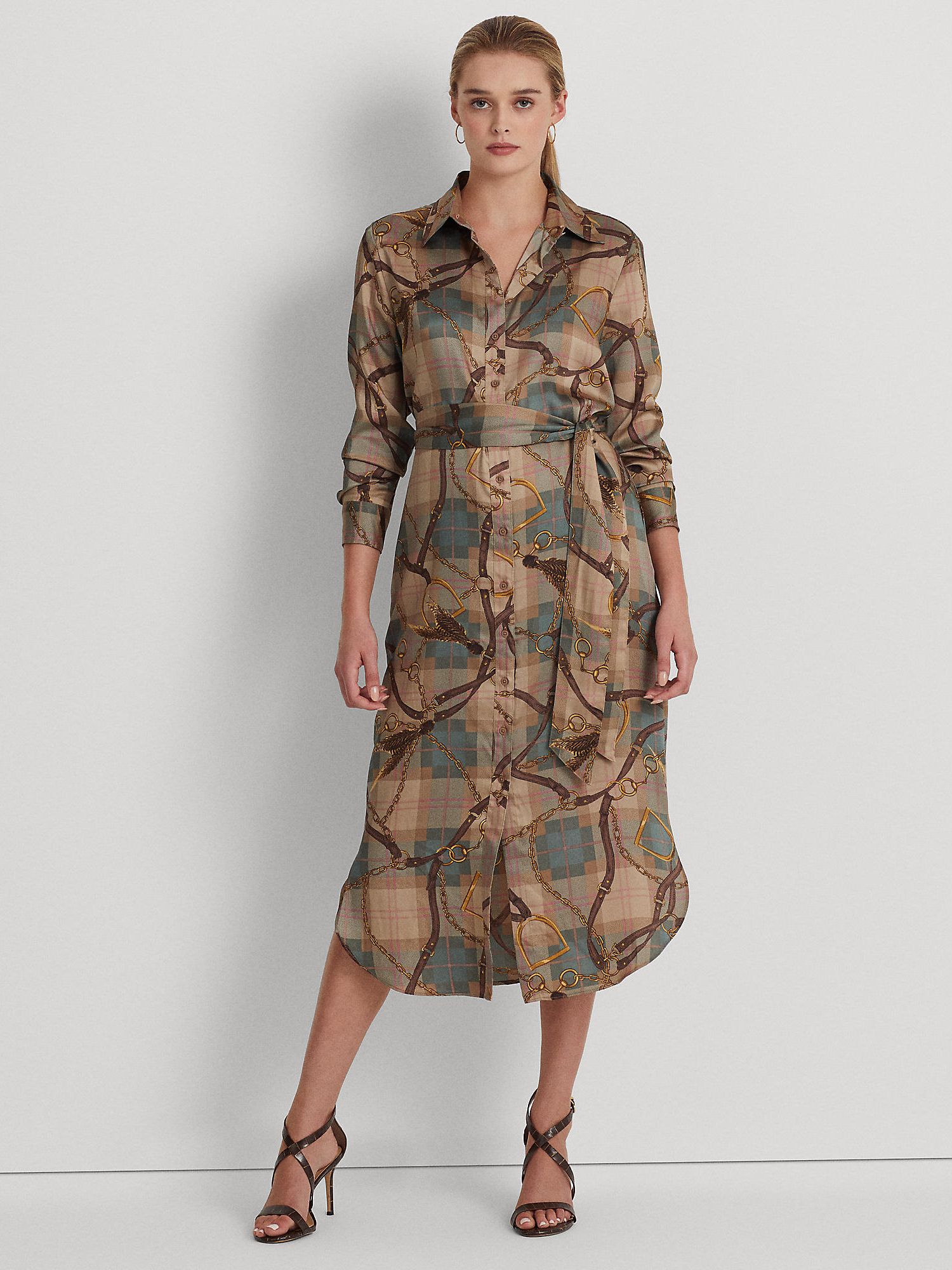 Ralph Lauren Shadny Check Print Shirt Dress, Tan/Multi