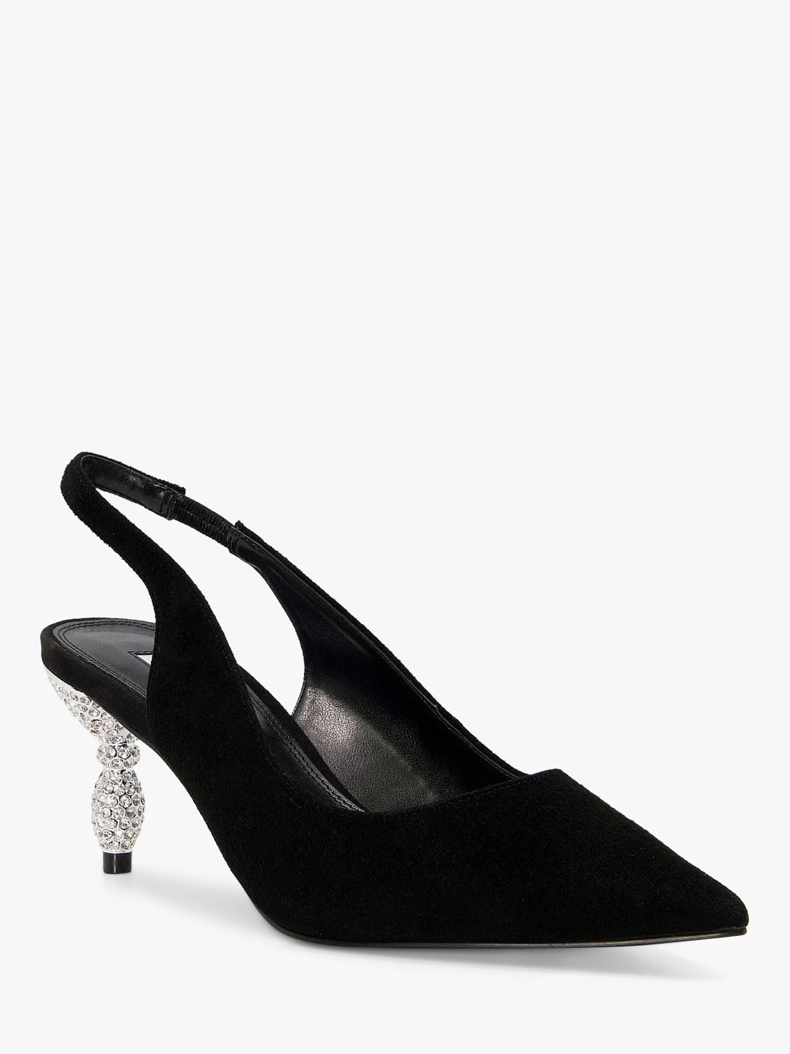 Dune Cristal Suede Embellished Heel Slingback Court Shoes, Black at ...