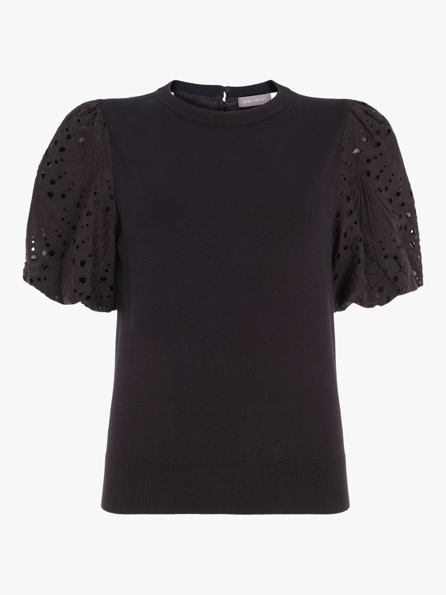 Mint Velvet Broderie Puff Sleeve Top, Black at John Lewis & Partners