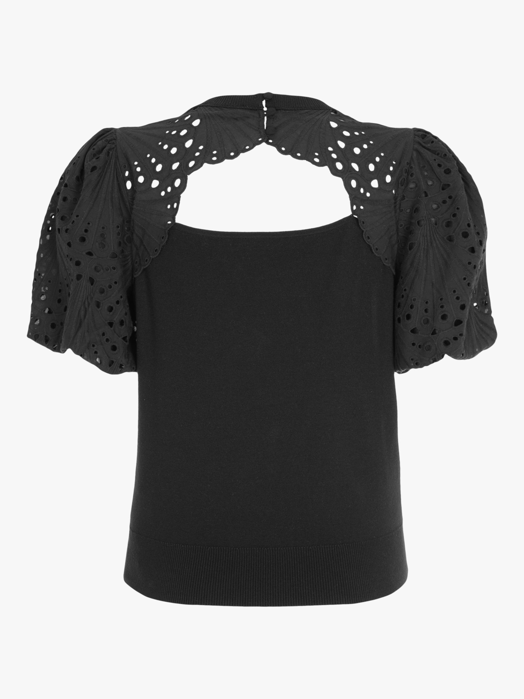 Mint Velvet Broderie Puff Sleeve Top, Black at John Lewis & Partners