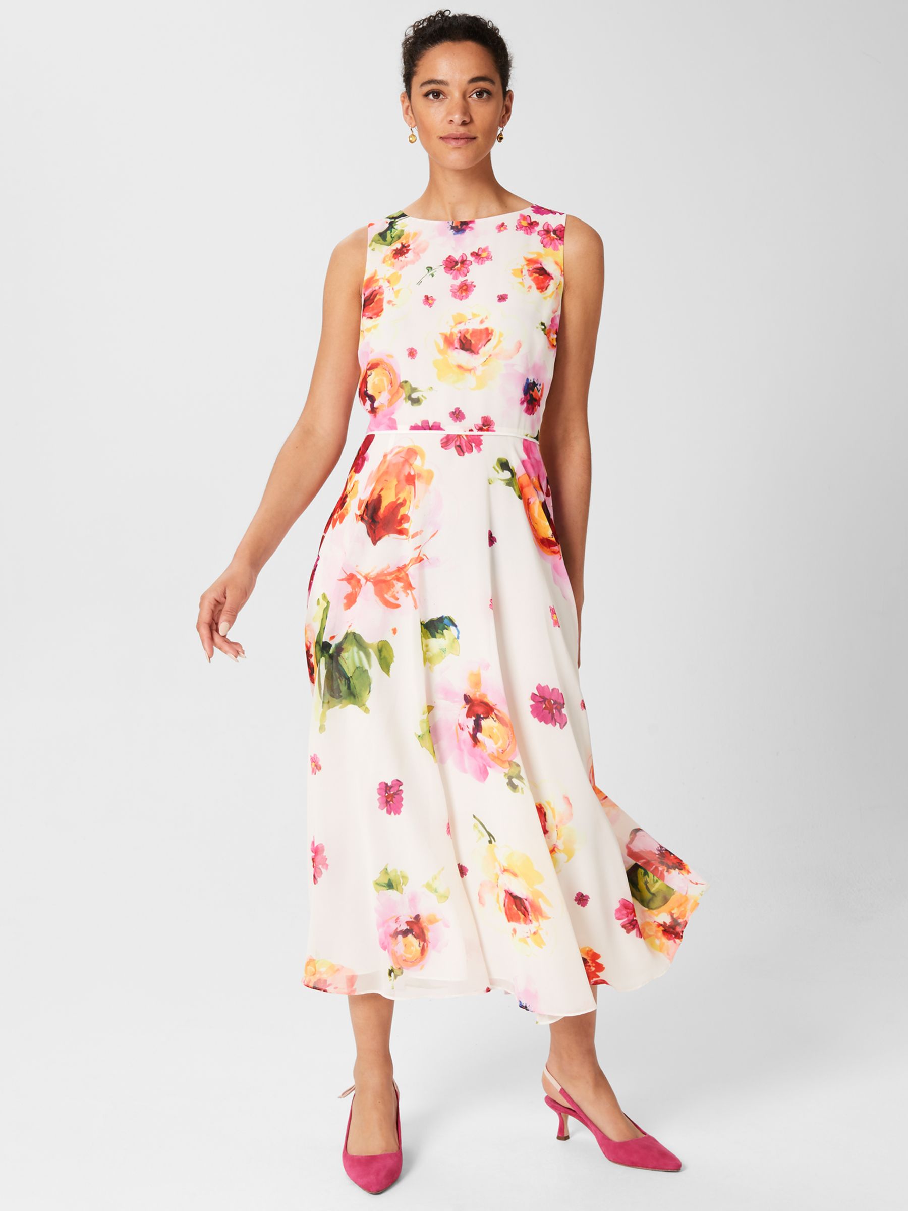 Hobbs Carly Floral Midi Dress, Ivory/Multi at John Lewis & Partners