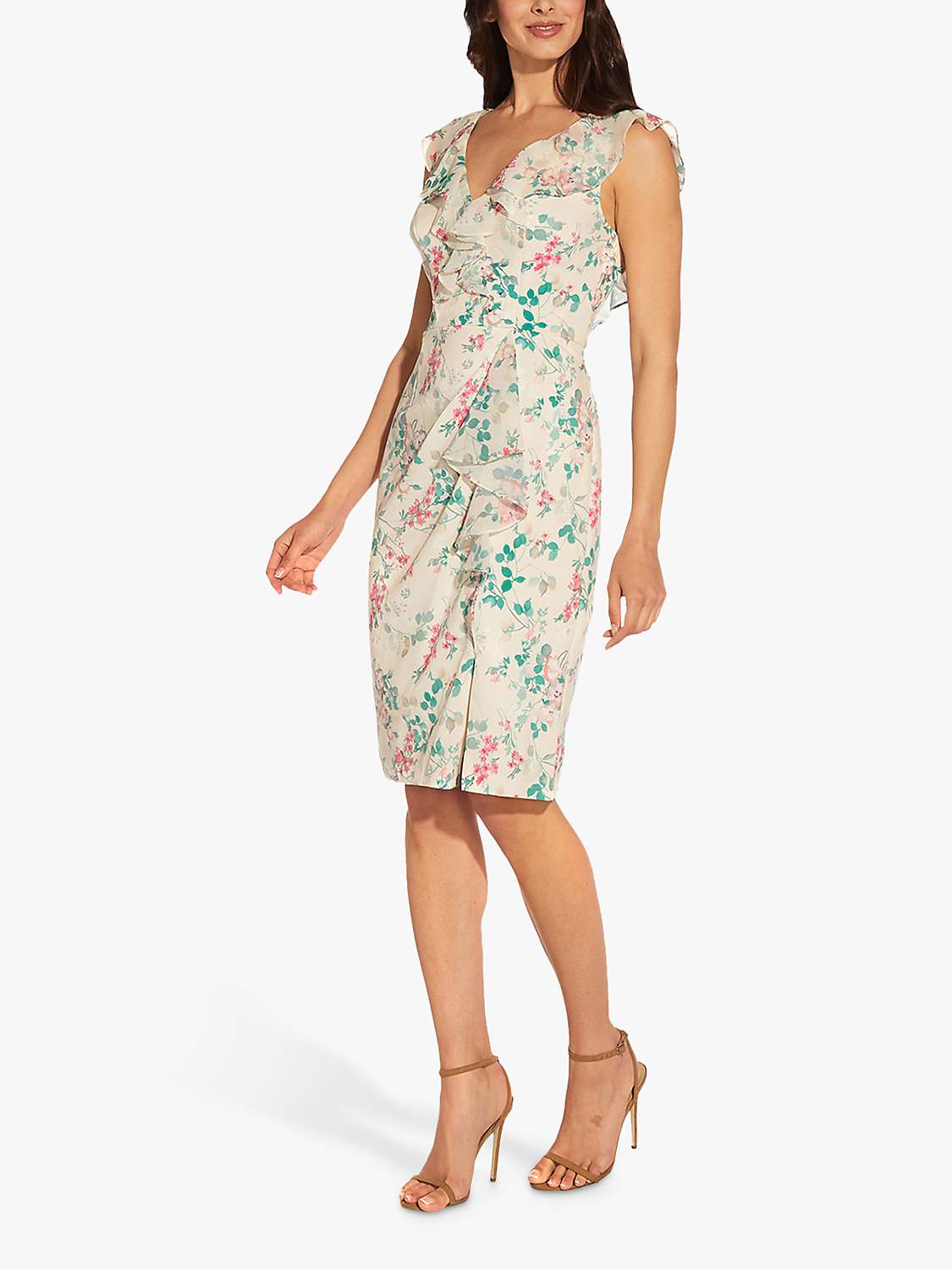 Buy Adrianna Papell Chiffon Floral Print Ruffle Trim Shift Dress, Alabaster/Multi Online at johnlewis.com