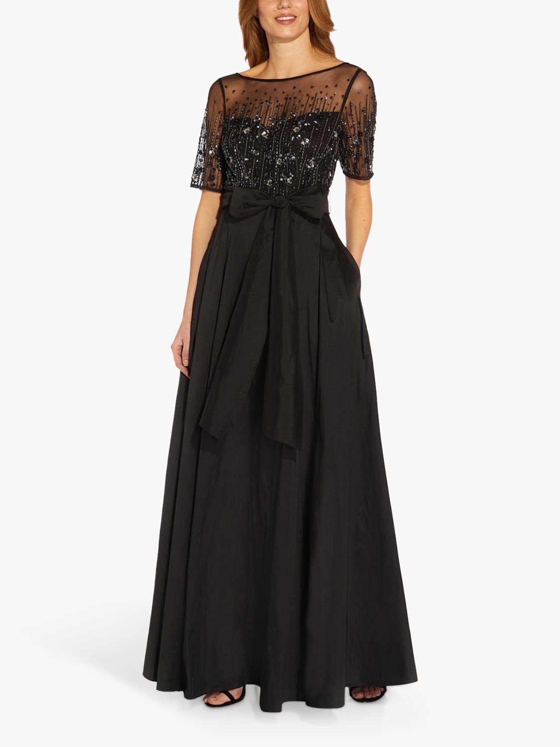 Adrianna Papell Beaded Bow Waist Taffeta Maxi Dress Black 8