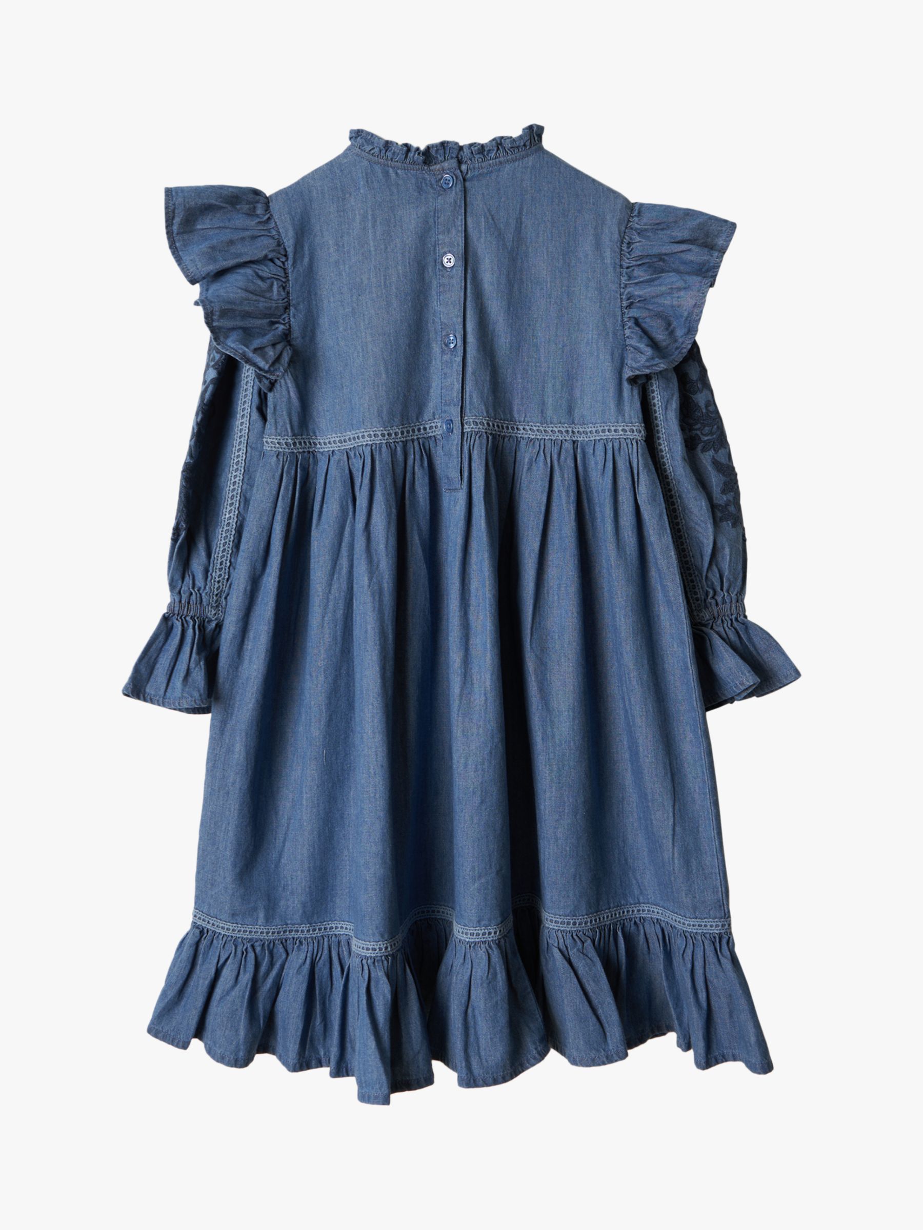 Buy Angel & Rocket Kids' Embroidered Yoke Ruffle Trim Dress, Denim Online at johnlewis.com