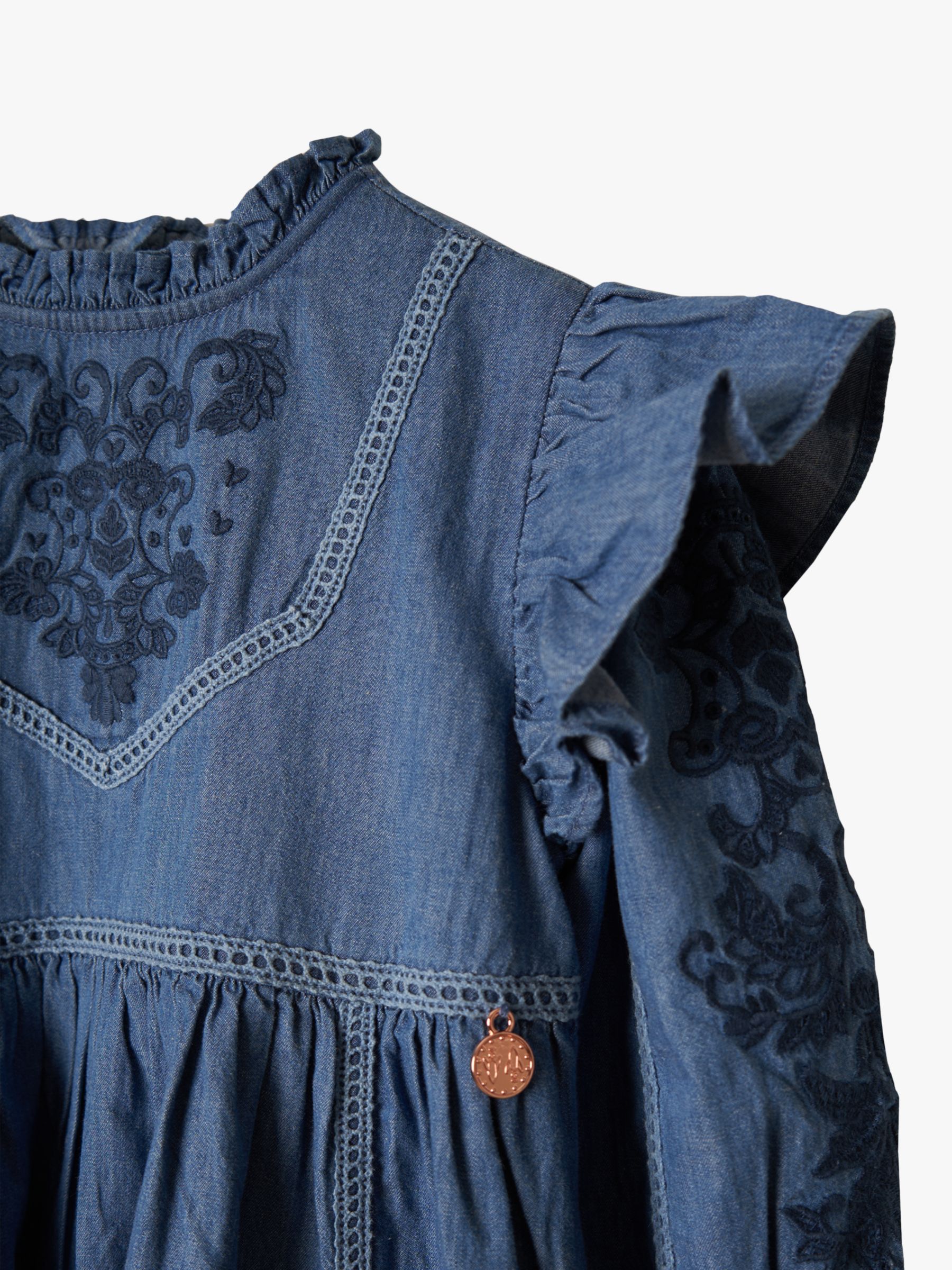 Buy Angel & Rocket Kids' Embroidered Yoke Ruffle Trim Dress, Denim Online at johnlewis.com