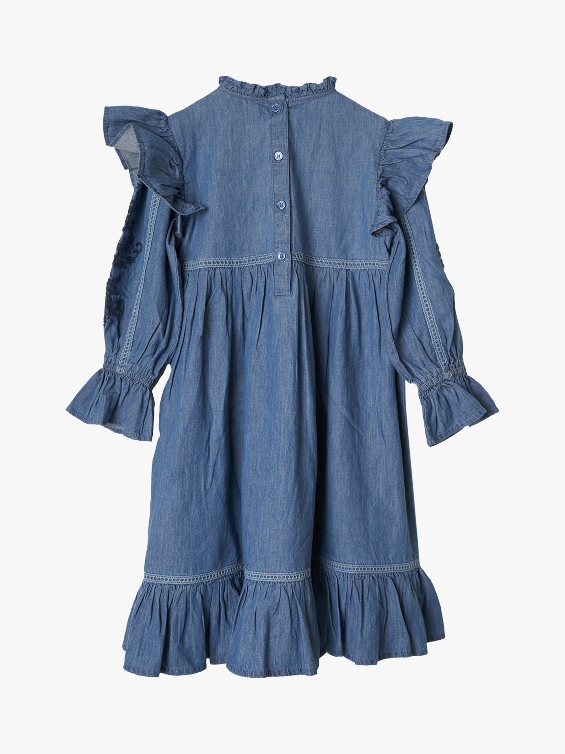 Buy Angel & Rocket Kids' Embroidered Yoke Ruffle Trim Dress, Denim Online at johnlewis.com