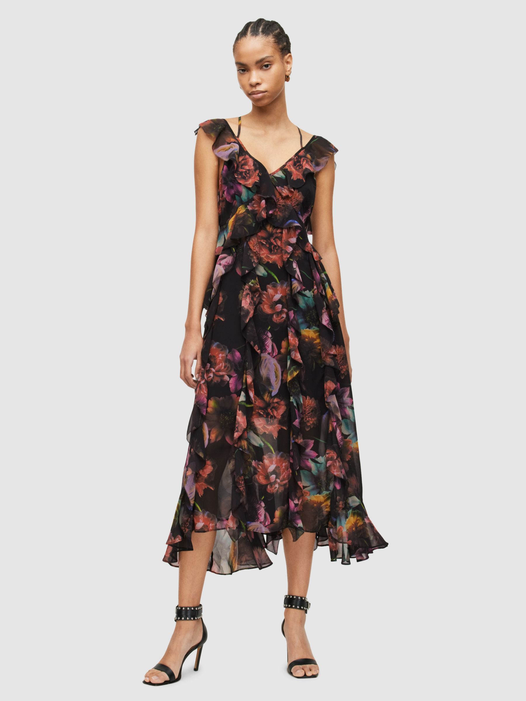 AllSaints Fali Ahiahi Floral Print Midi Dress, Black, 8