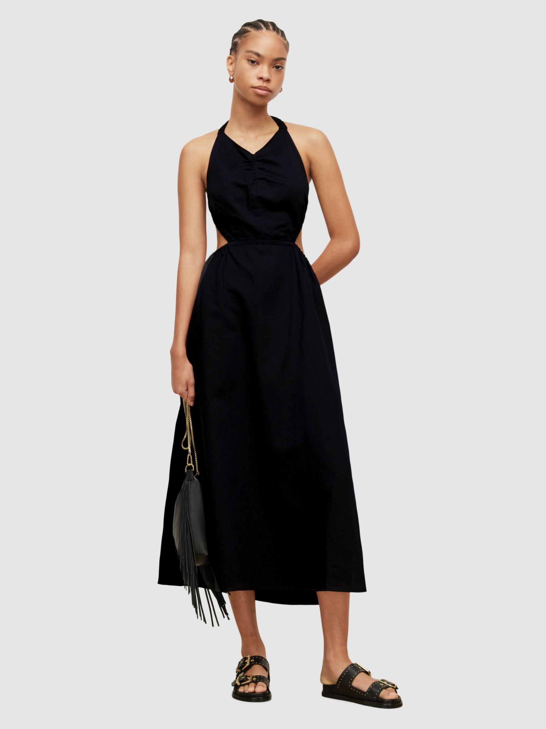 AllSaints Ludo Linen Blend Midi Dress, Black at John Lewis & Partners
