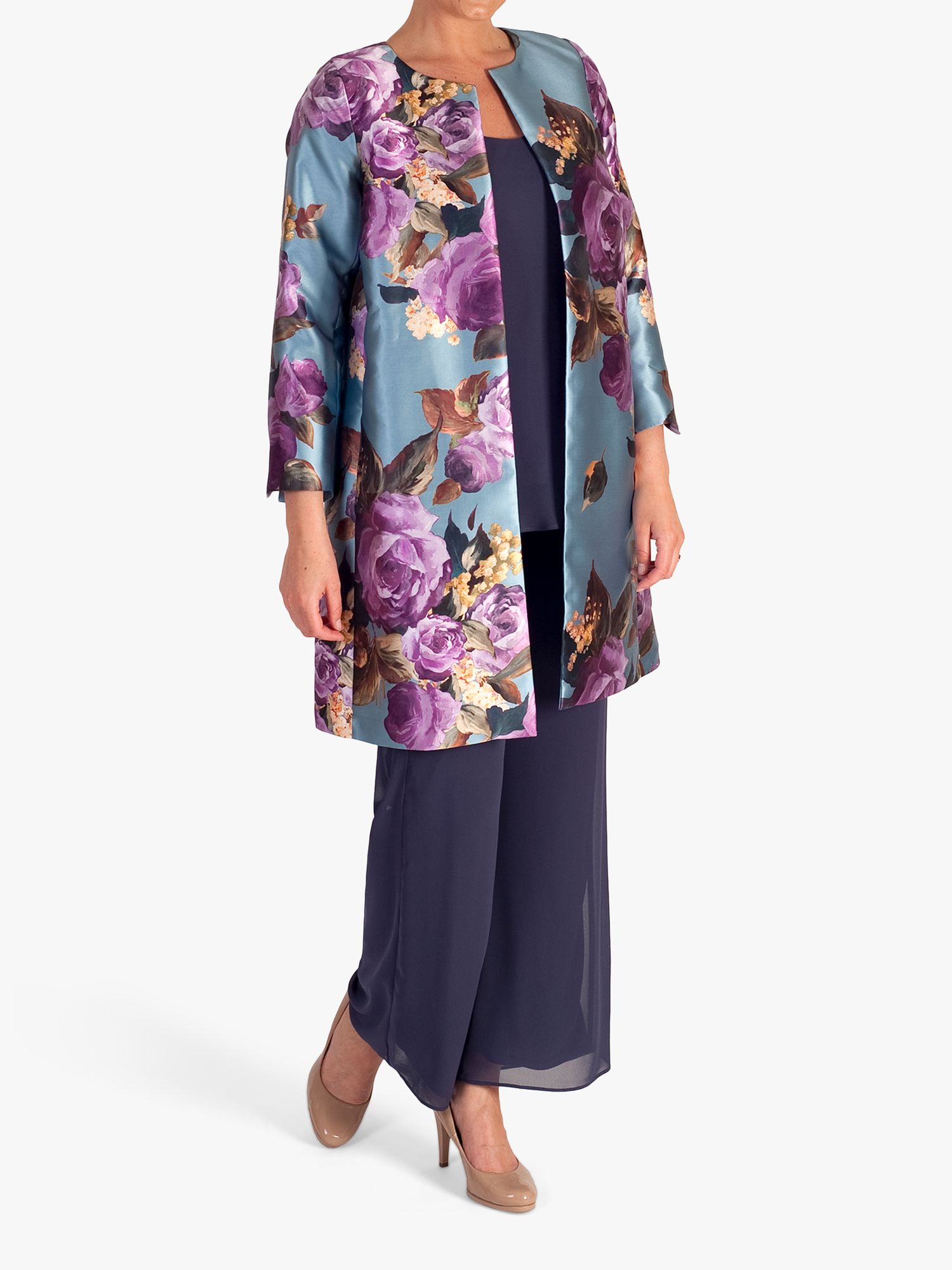 chesca Floral Satin Twill Coat, Blue Steel/Magenta at John Lewis & Partners