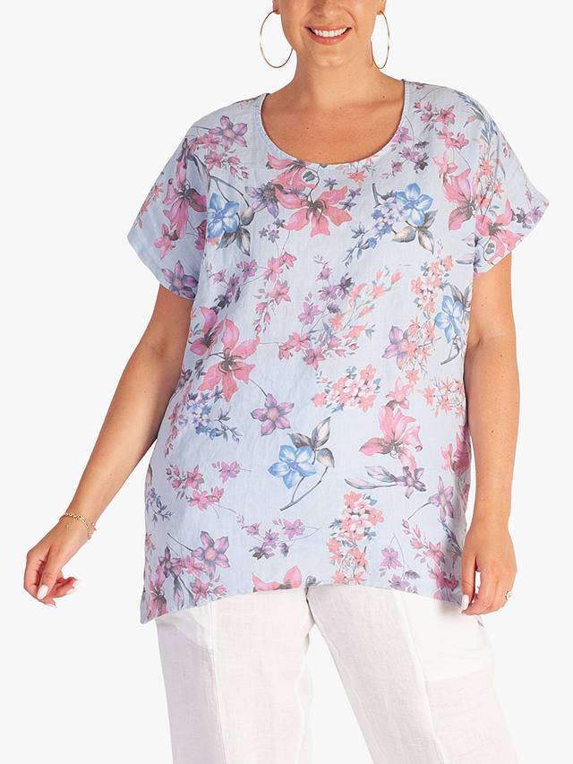 chesca Linen Floral Short Sleeve Top, Baby Blue